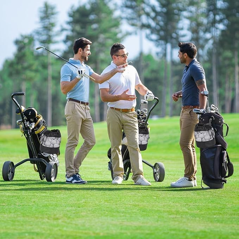 Leanockesa 2 Pcs Black Nylon Mesh Golf Ball Bags with Drawstring & Hooks, 7.08 X 5.11 Inch Portable Golf Ball Storage Pouch, Durable Golf Ball Organizer for Easy Access - Black image number 2