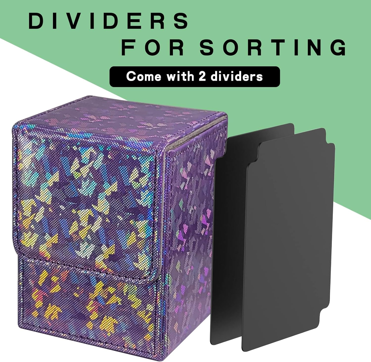 Dmoicols Sparkly Card Deck Box Holds 100+ Single Sleeved Cards,Leather Card Storage Case,Mtg Commander Deck Box with 2 Dividers Fit TCG CCG Magic Cards Vertical (Sparkly Purple Piece) image number 3