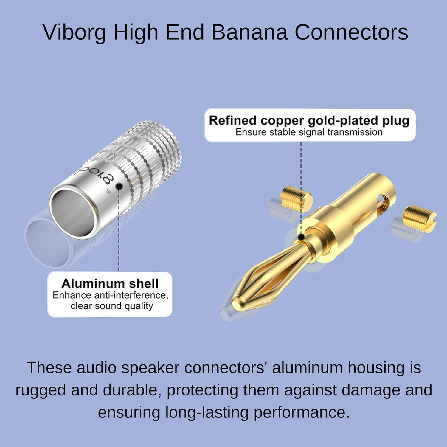 Viborg 4Pairs Hifi Speaker Banana Connectors 24K Gold-Plated Hi-End Audio Speaker Banana Plug Dual Screws Locking or Soldering Banana Jack Terminals for Speaker Cable (Support 8 AWG to 20 AWG Wires) image number 2