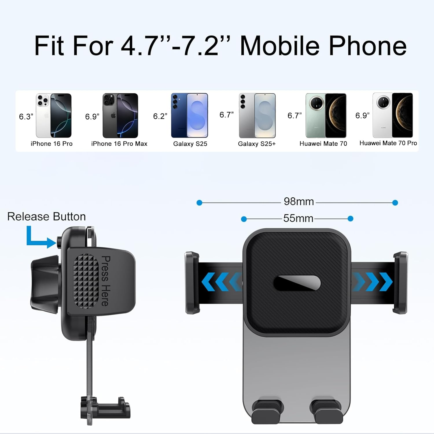 Beleeb Phone Holder Car, 360&deg; Rotation Car Phone Mount Cradle, Ultra Stable Hook Clip Vent Slip - One Button Release Function for Iphone, Galaxy All 4.7''-7.2'' Mobile Phones image number 6