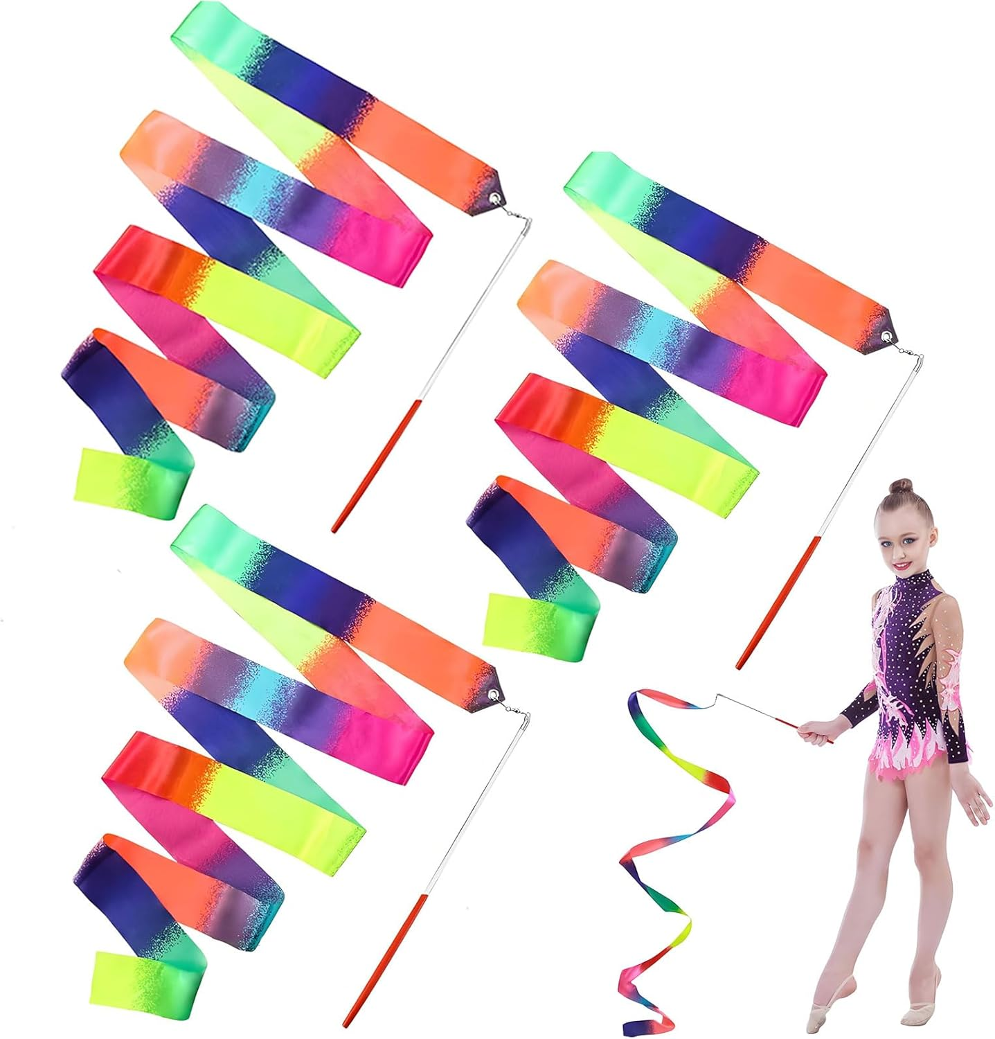 3Pcs 2 Meter/78.74 Inch Gradient Dance Ribbons with Rod,Rainbow Streamers Rhythmic Gymnastics Ribbon, Dancer Ribbons with Twirling Wands for Talent Shows, Artistic Dancing,Gymnastics Dance image number 5