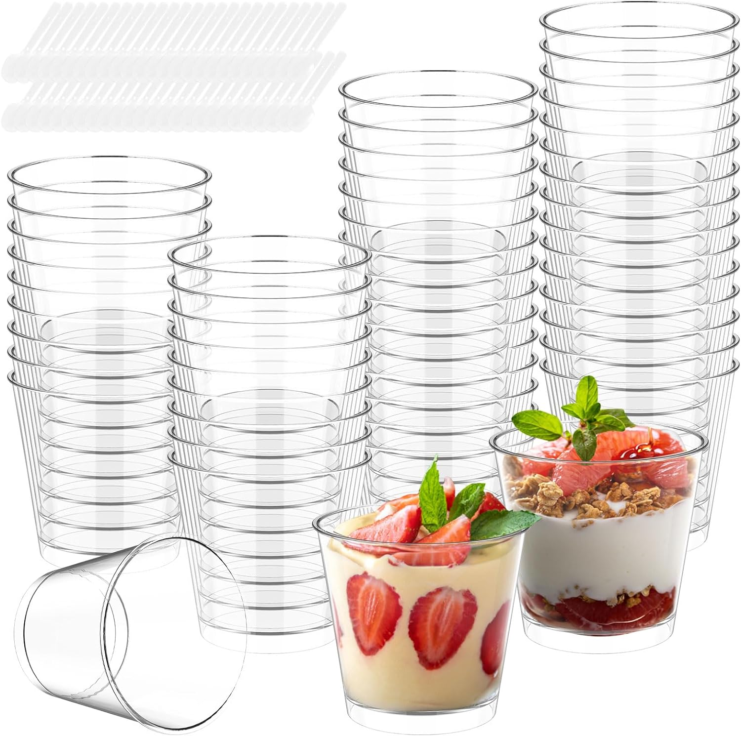 50Pcs Dessert Cups with Spoons, 200ML round Small Reusable Serving Bowl, Clear Plastic Parfait Appetizer Cup, Mini Tumbler Serving Cups for Dessert Pudding Mousse Yogurt Snacks Party image number 1