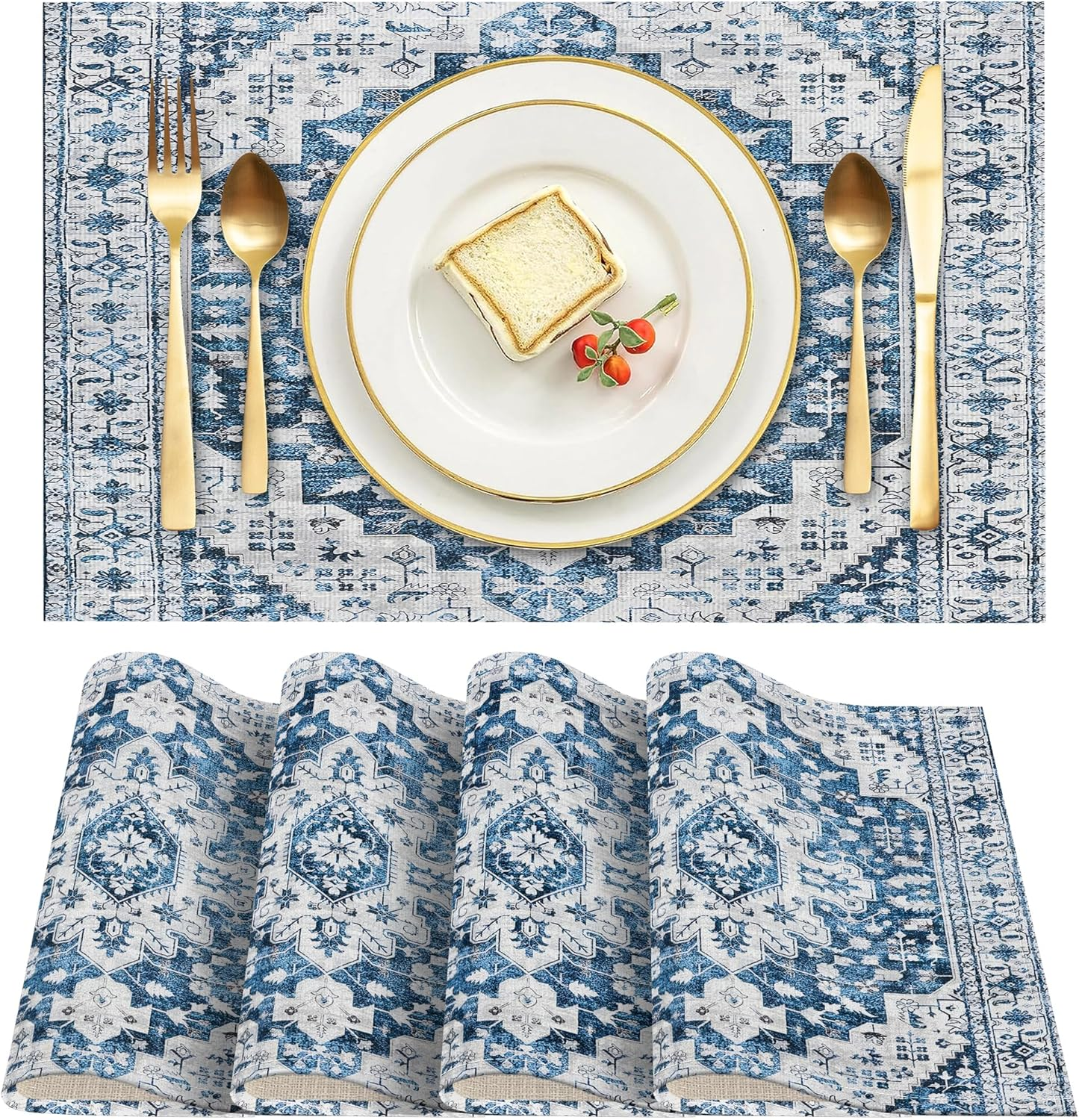 ZSYTZL Placemats Set of 4 Washable Durable Table Placemats for Dining Table Mat,Boho Pattern Kitchen Table Mats Heat-Resistant Decor Place Mats for Dining Tables Home Party Indoor-White Blue image number 5