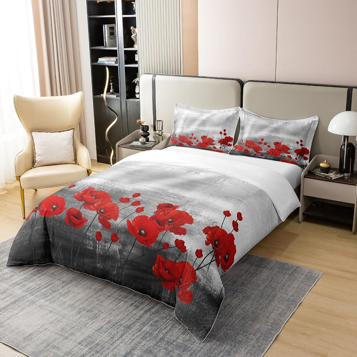 Loussiesd Red Poppies Bedding Set Watercolour Flower Art Bedding Set 135 X 200 Cm 100% Cotton for Women Adults Girls Duvet Cover Romantic Botanical Nature Duvet Cover Set Grey Red image number 5
