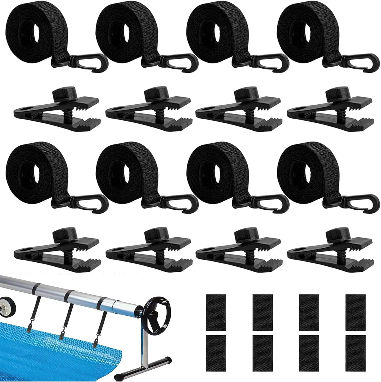 24 Pcs Pool Solar Cover Reel Attachment Kit, Inground Swimming Pool Solar Cover Straps and Clips, Solar Blanket Straps Kit Including 8 Straps with Hooks, 8 Clips and 8 Touch Fastener image number 1
