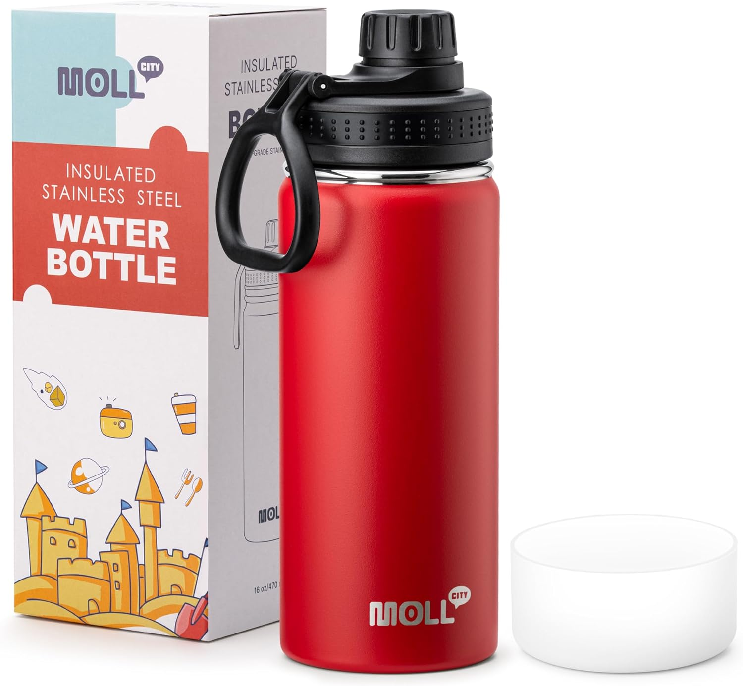 Mollcity 530ML Insulated Water Bottle-Stainless Steel Vacuum Wide Mouth Sports Water Flask with Silicone Boot-Reusable Metal Leak Proof Travel Water Bottle for Girls Boys(Grass Green)