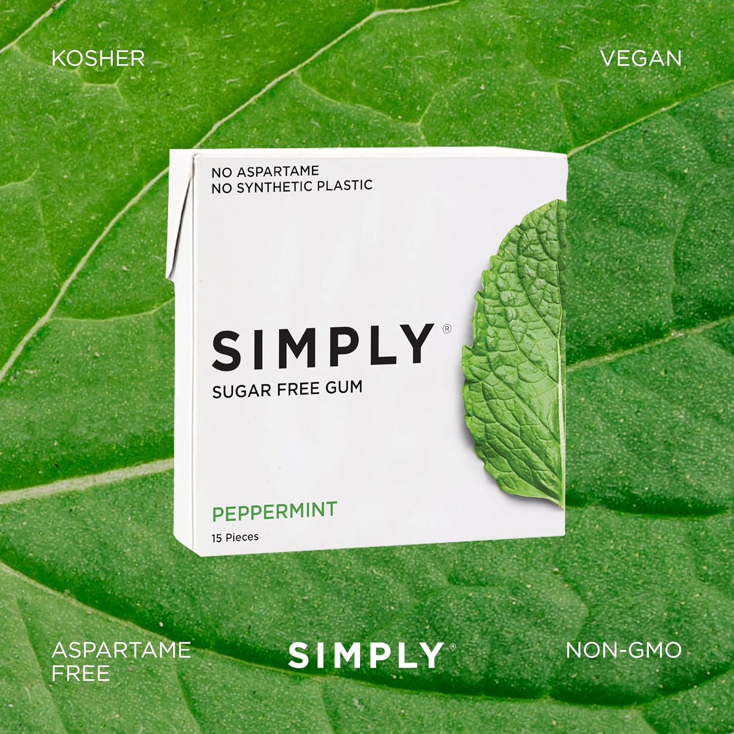 Simply Gum | Sugar Free Xylitol Chewing Gum | Peppermint | Pack of Six (90 Pieces Total) | Plastic Free + Sugar Free + Aspartame Free image number 2