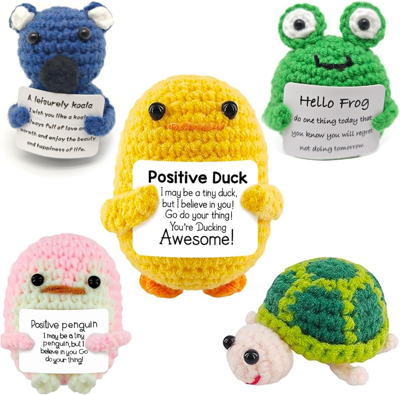 5PCS Positive Crochet Animals Decor, Soft Knitting Cute Handmade Mini Funny Crochet Gifts with Affirmations Cards, Emotional Support Positive Duck for Birthday Xmas Party Gifts Office Home Decor