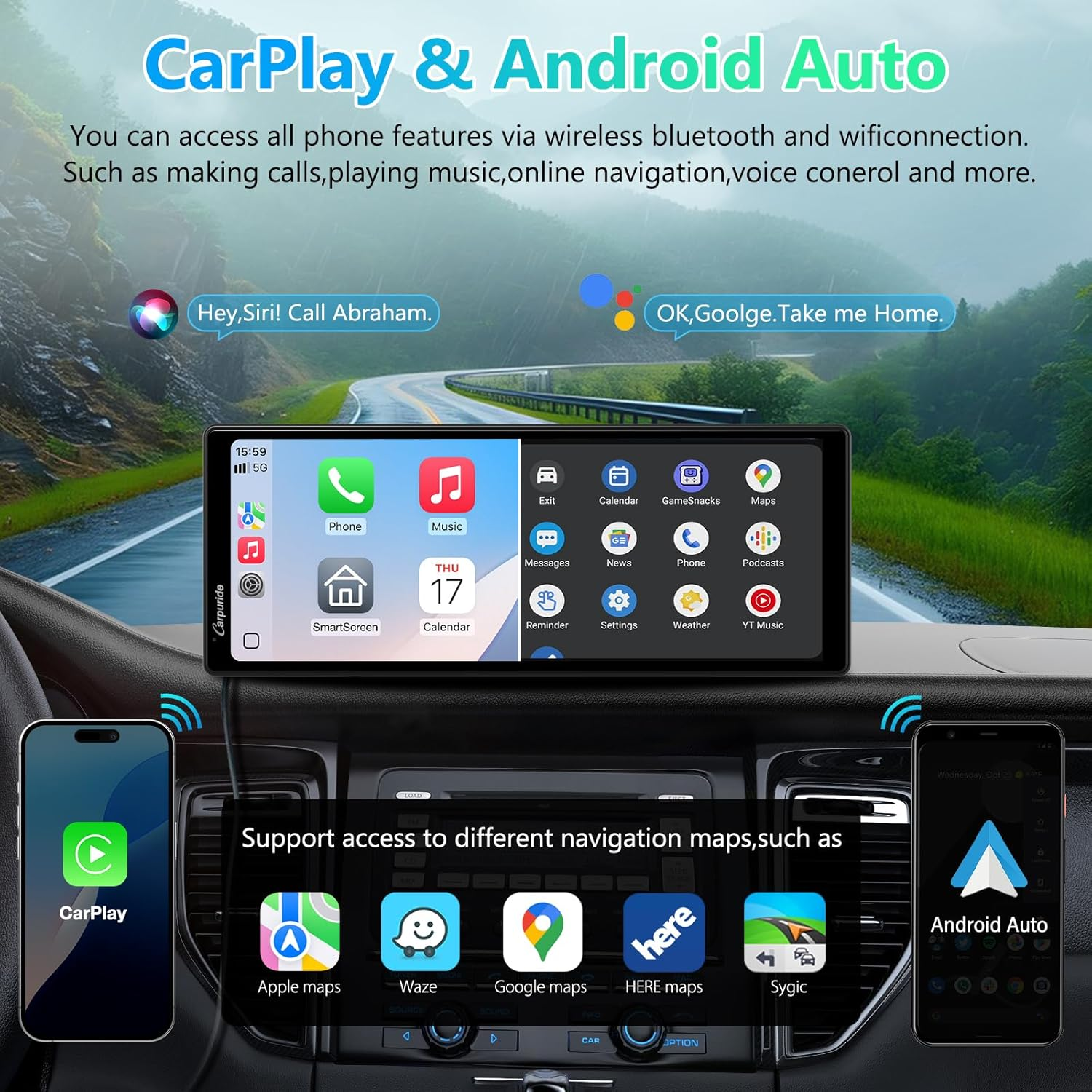 Portable Car Stereo, Carpuride V92 Wireless Carplay & Android Auto, 10.26 Inch 1080P HD Touch Screen Radio with BT 5.0, Mirror Link Support Truck RV Dash Mount image number 2