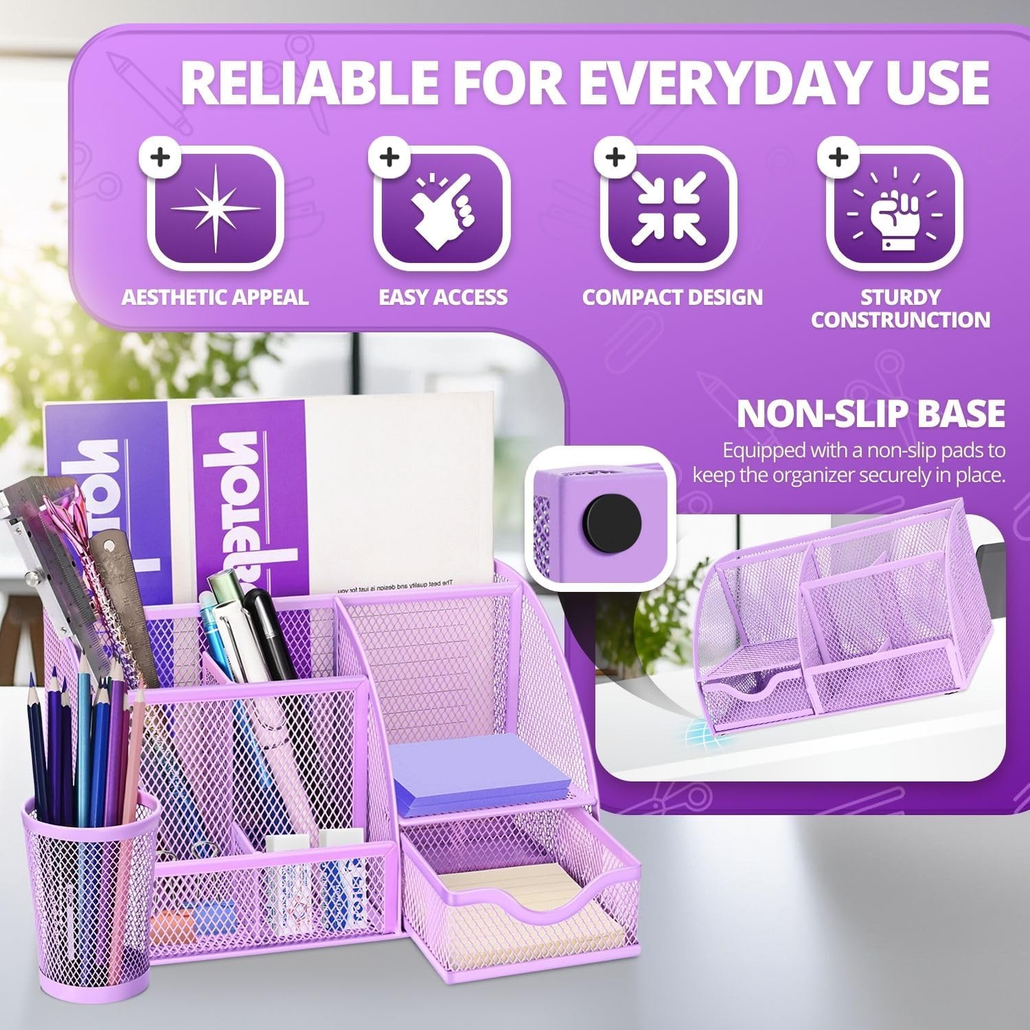 Flexzion Metal Mesh Office Supplies Organizer Caddy with 6 Compartments, Drawer and Pen Holder - Purple Desk Accessories Set for Women, Men, Students - Purple image number 3