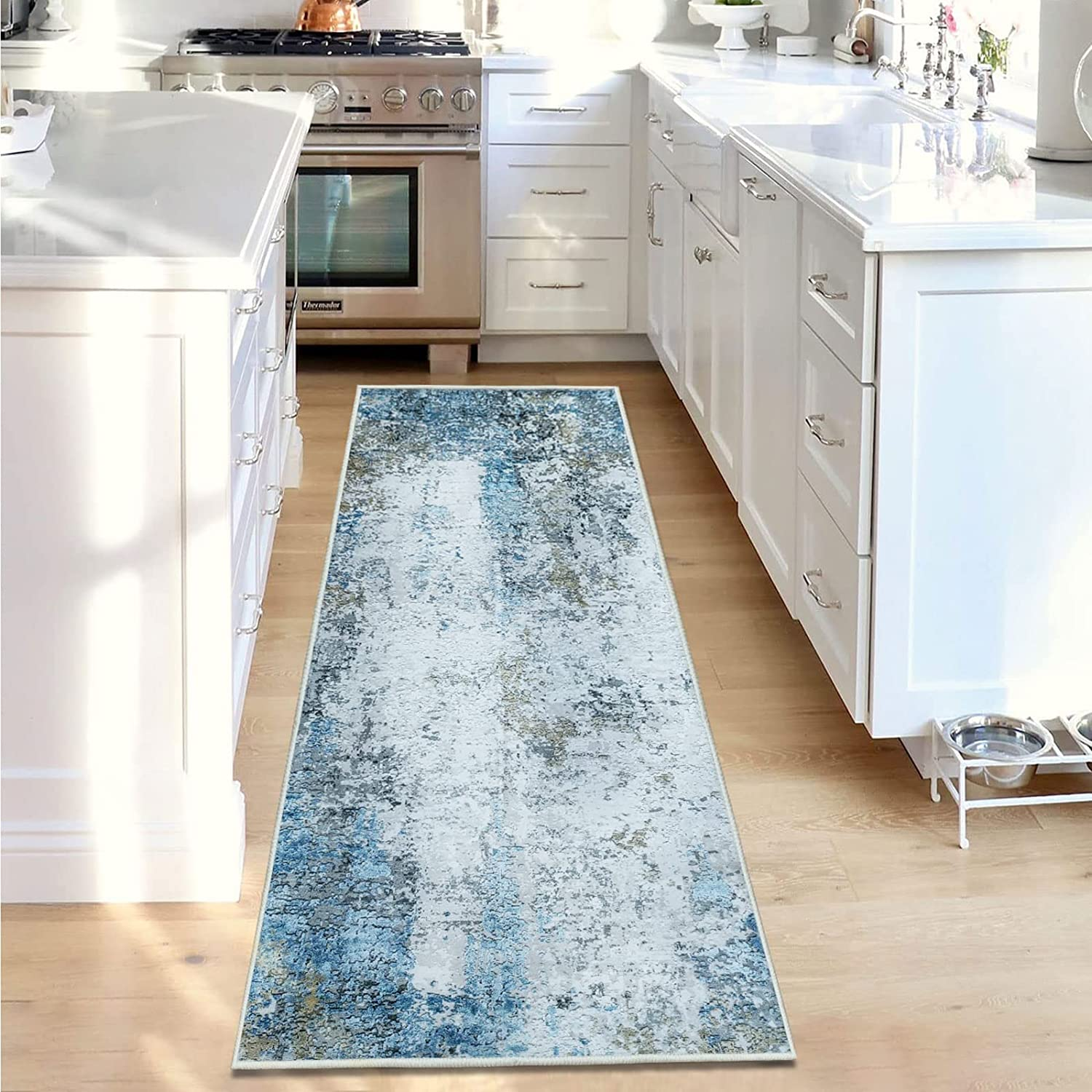 Hallway Runner Non-Slip Carpet Runner for Hallways, Kitchen & Living Room Washable Lightweight (Cream/Blue, 60 X 180 Cm) image number 6