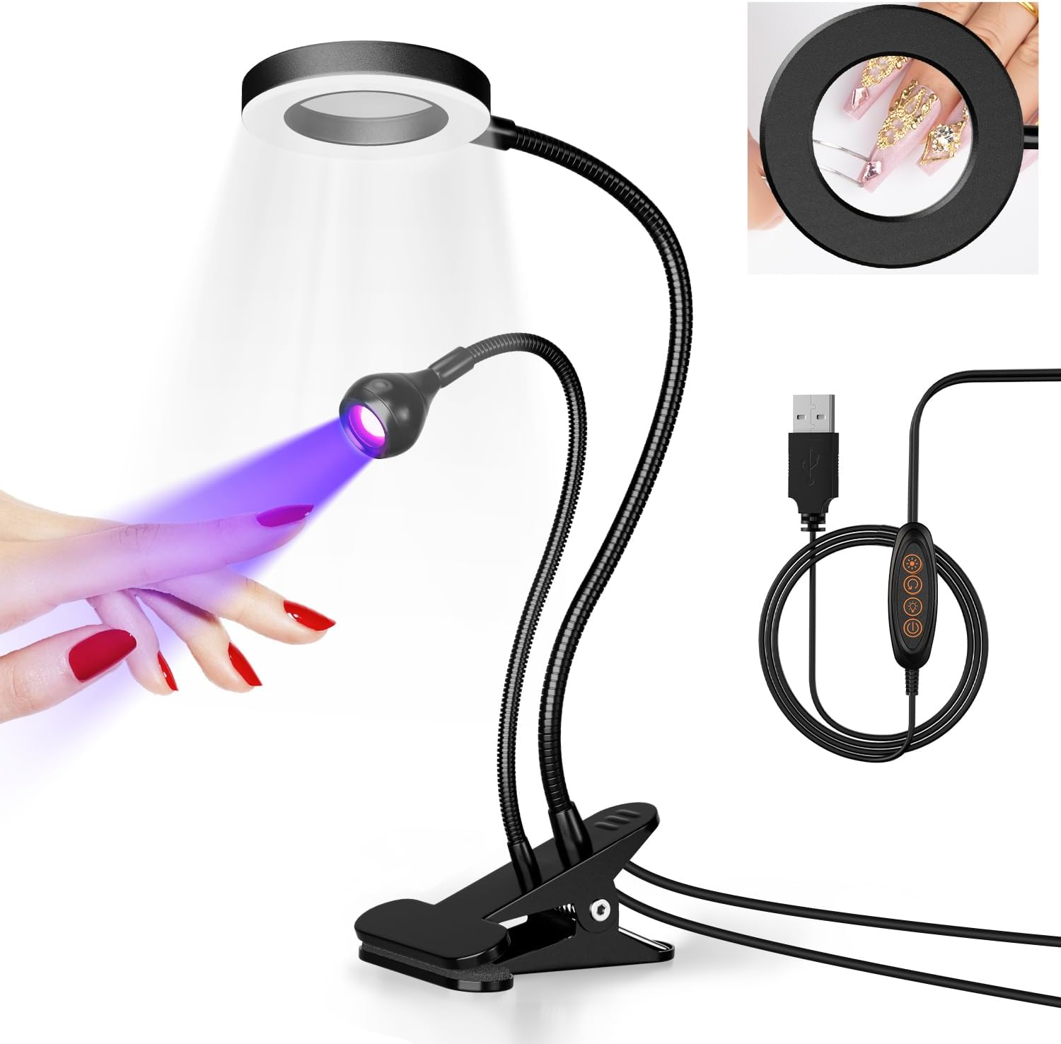 Krofaue U V Nail Lamp for Gel X - Flash Cure Lamp Dual-Light Gel X U V Light with 6&times; Magnifier 4-Levels Brightness Nail Dryer for Regular Polish, Desk Clip Salon-Perfect Manicures at Home Black image number 2