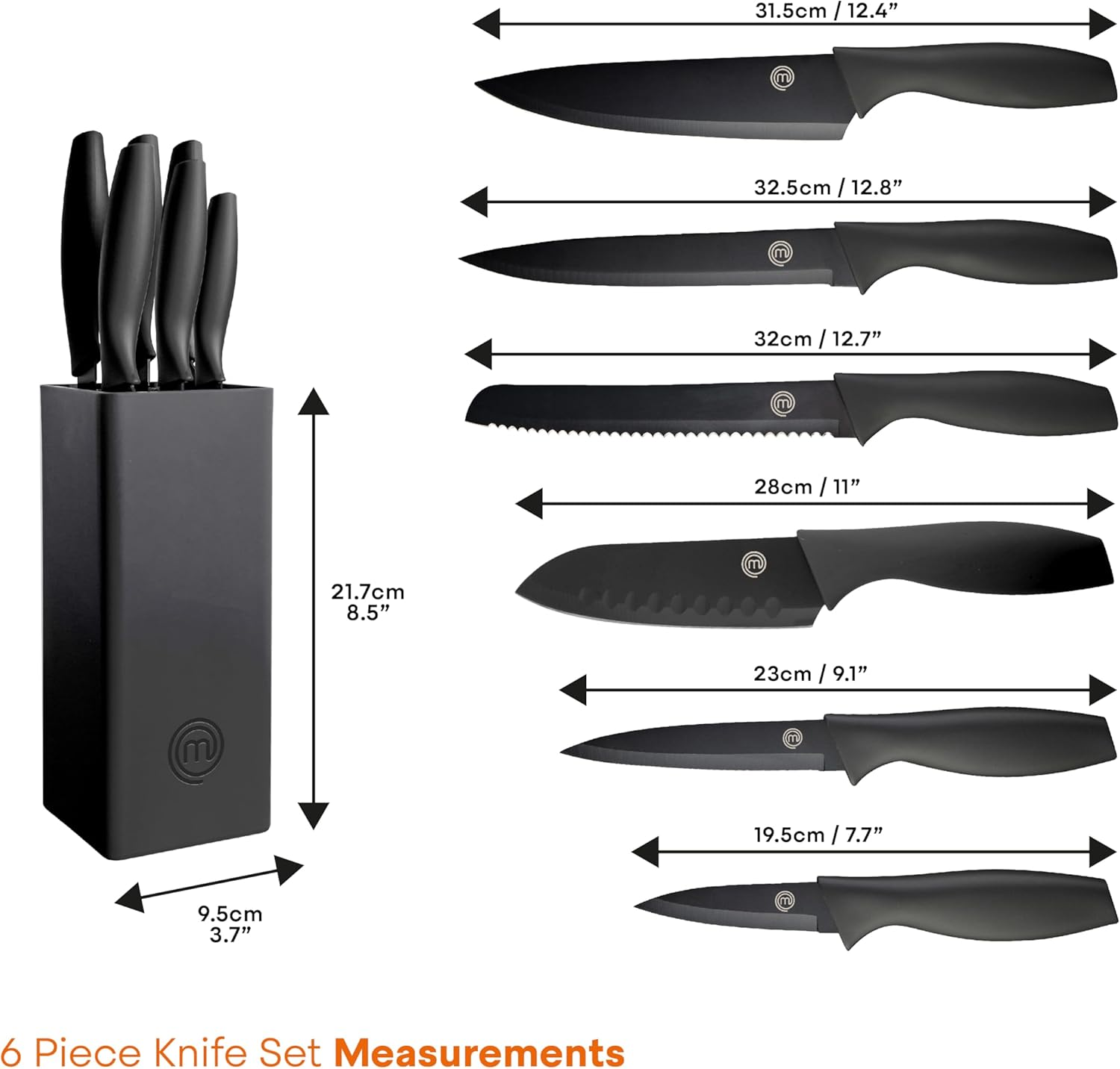 Masterchef Knife Block Set of 6 Kitchen Knives, Extra Sharp Stainless Steel Blades for Professional Cutting with Non Stick Coating & Soft Touch Easy Grip Handles in a Universal Block, Essential Black
