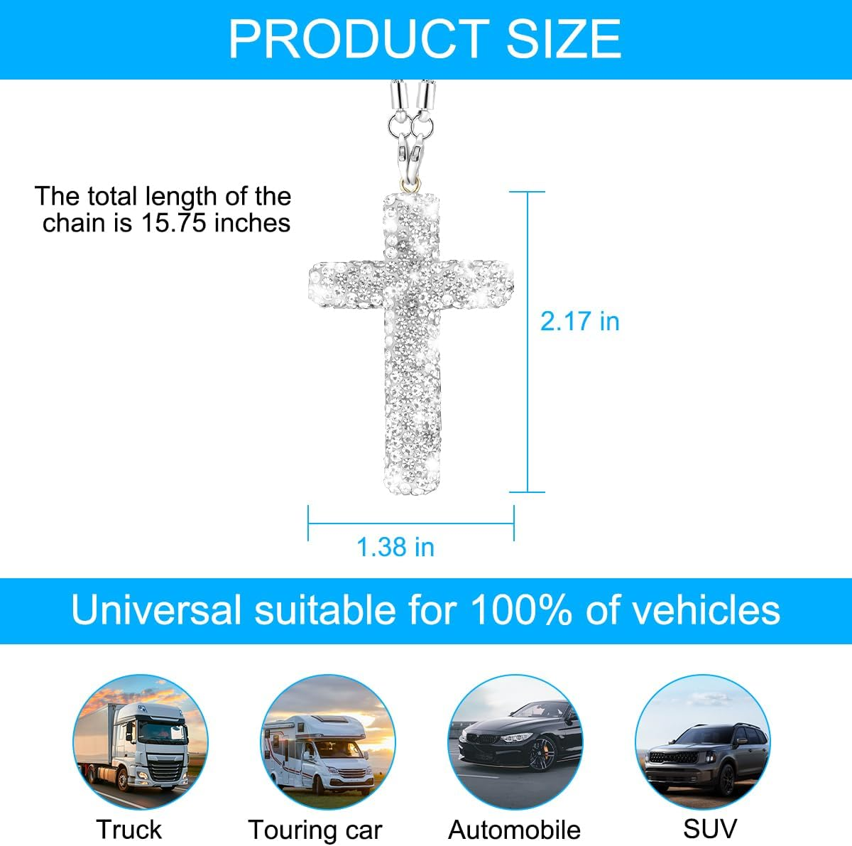 HZEL Bling Car Hanging Ornament, Cross Crystal Rhinestone Vehicle Rear View Mirror Pendant, Diamond Religious Rearview Mirror Decoration Charm, Universal Automotive Interior Accessories (White) - Pink image number 2