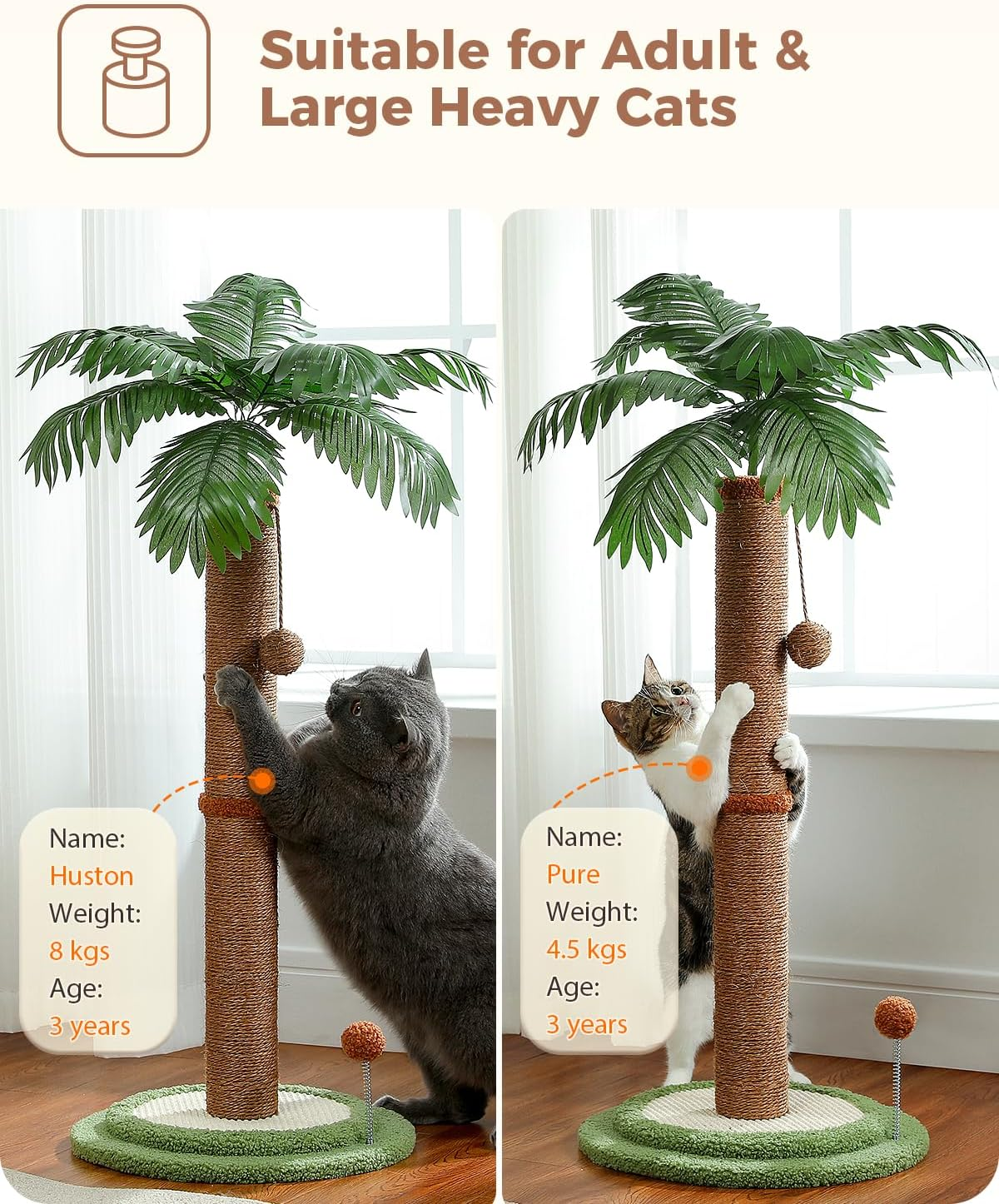 PAWZ Road Coconut Palm Cat Scratching Post, 85Cm Height Cat Scratcher for Indoor Cats with Interactive Balls Brown image number 2
