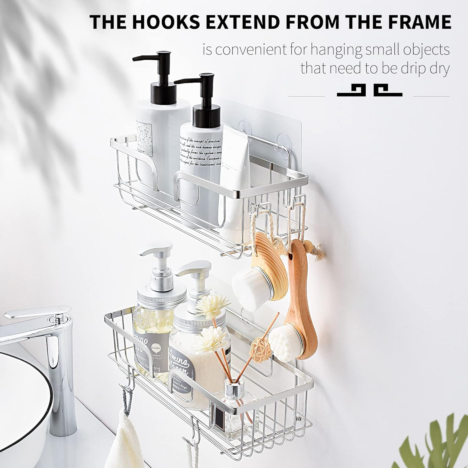 YOHOM Adhesive Shower Caddy Shampoo Holder Organizer with Hooks Shower Wall Shelf Storage Basket Stainless Steel 2 Pack Silver image number 4