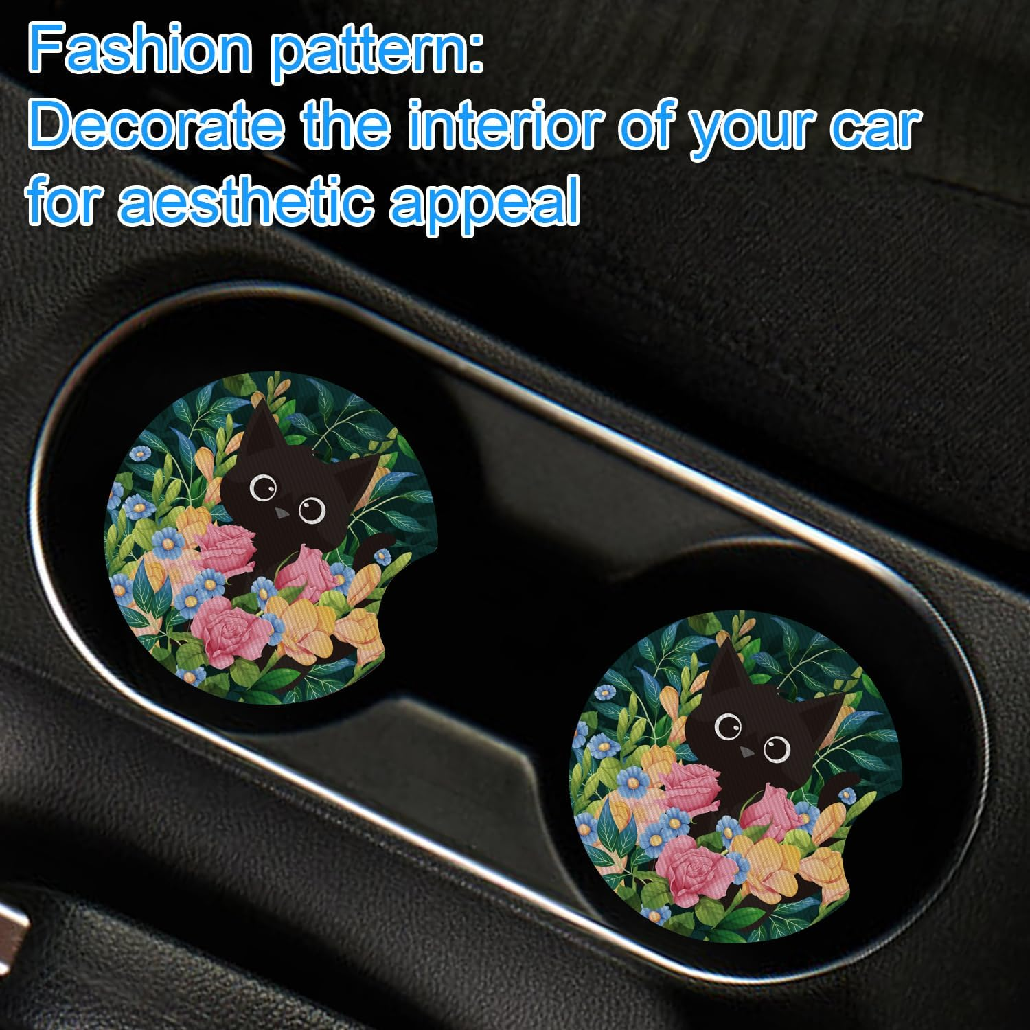 4Pcs Car Coasters for Cup Holders, Cup Mats for Car Cupholder Insert Coasters with Finger Notches Rubber Anti-Skid Universal Vehicle Coasters Car Accessories for Car Automotive Cupholders Decor（Cat） image number 1