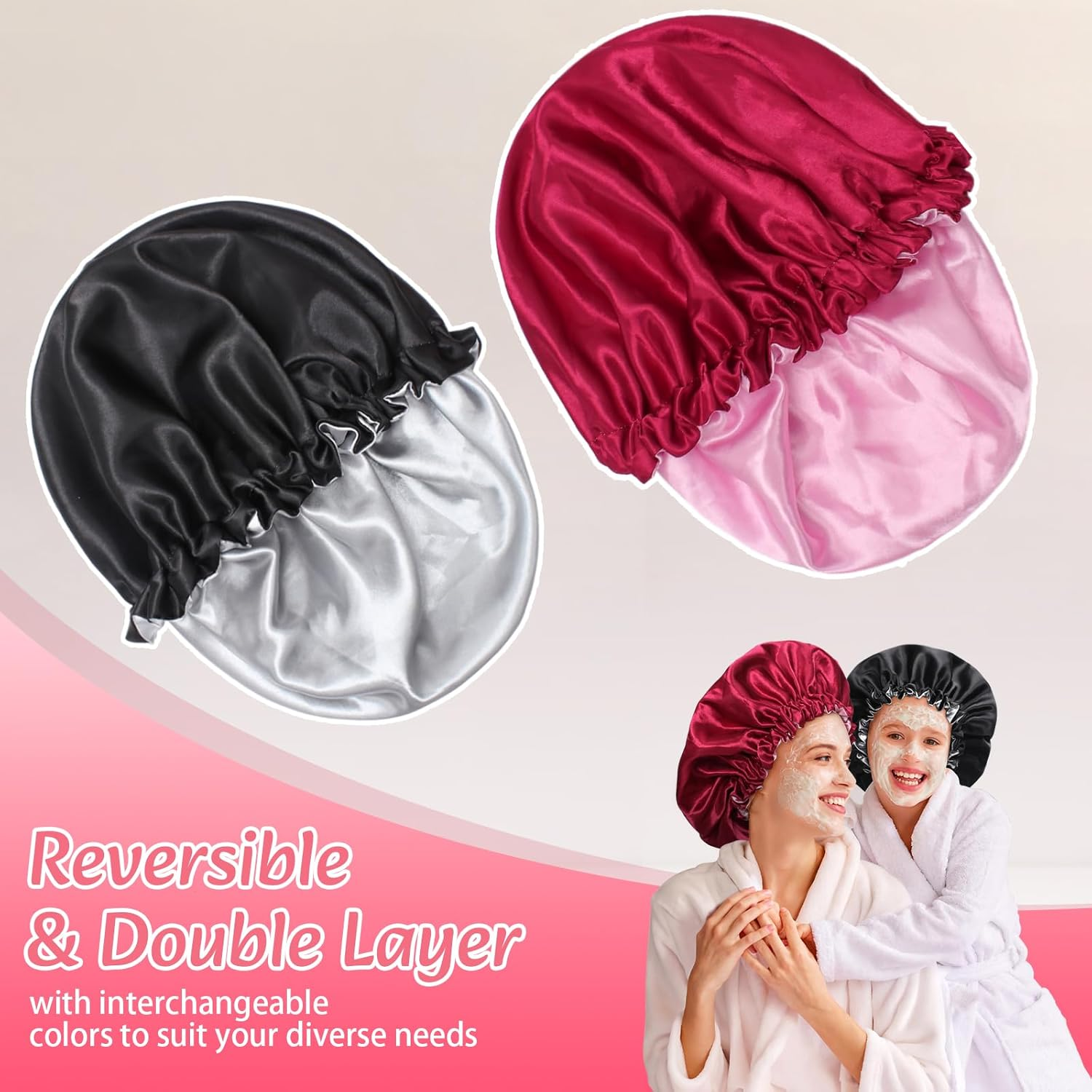 Euqvunn Pack of 2 Silk Bonnet for Sleeping, Adjustable Silk Sleep Cap with Wide Elastic Band, Double-Sided in Two Colours, Protection for Long/Straight/Curly Hair (Black Red) image number 4