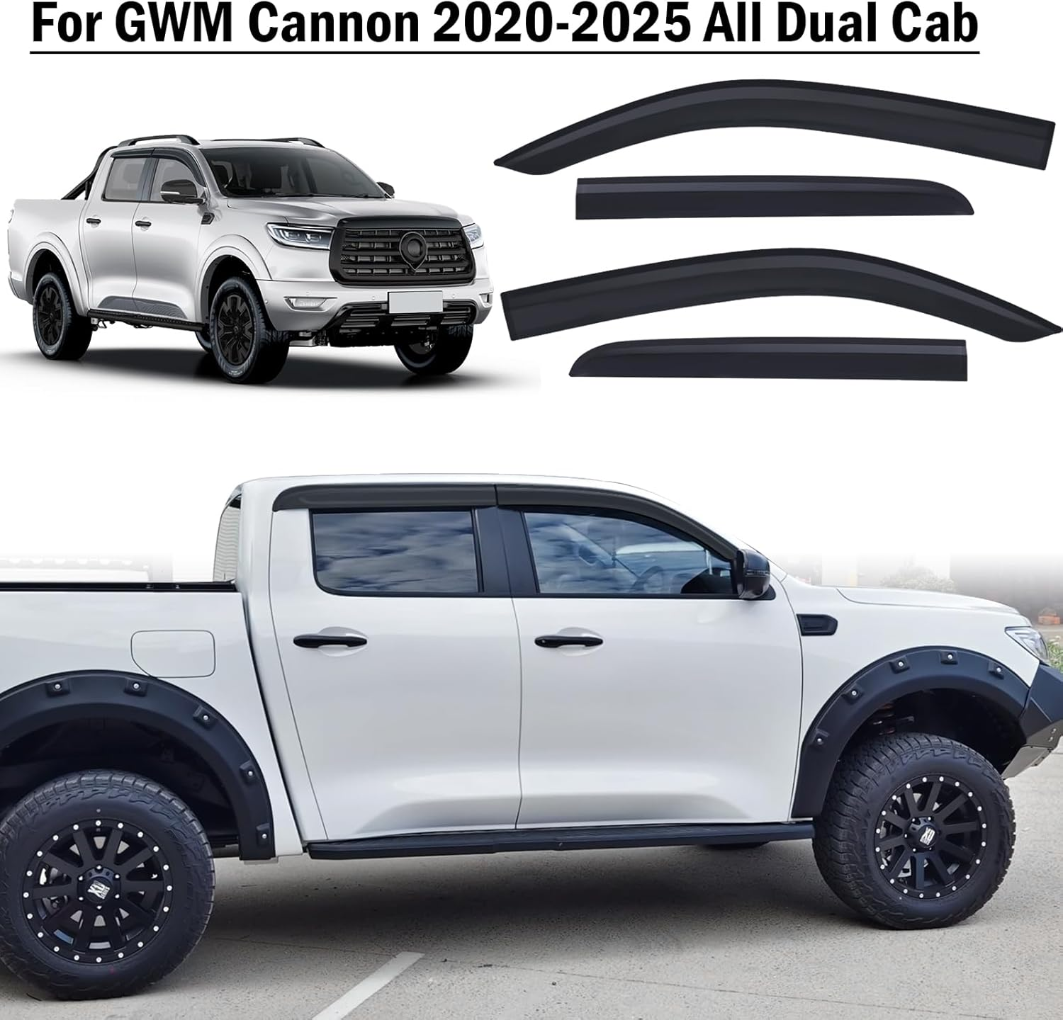SUERAUTO4X4 Weather Shield for GWM Cannon 2020-2025 Dual Cab Accessories, GWM Ute Weathershields Window Visors Car Wind Deflectors Rain Guard Exterior Tinted Black, 4PCS image number 1