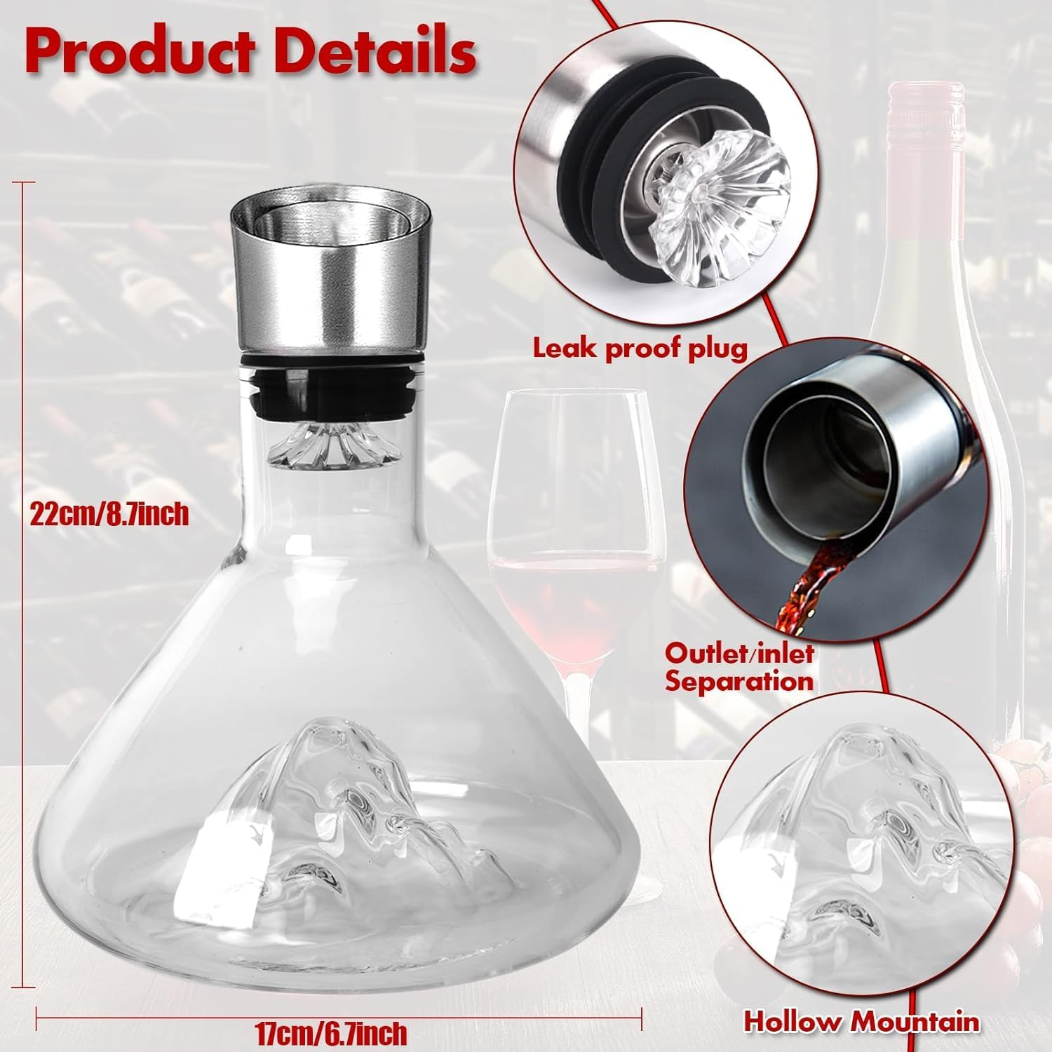 Wine Decanter, Red Wine Aerator with Built-In-Aerator Stainless Steel Filter, Hand Blown Lead-Free Crystal Glass Wine Decanters and Carafes,Wine Gift image number 3