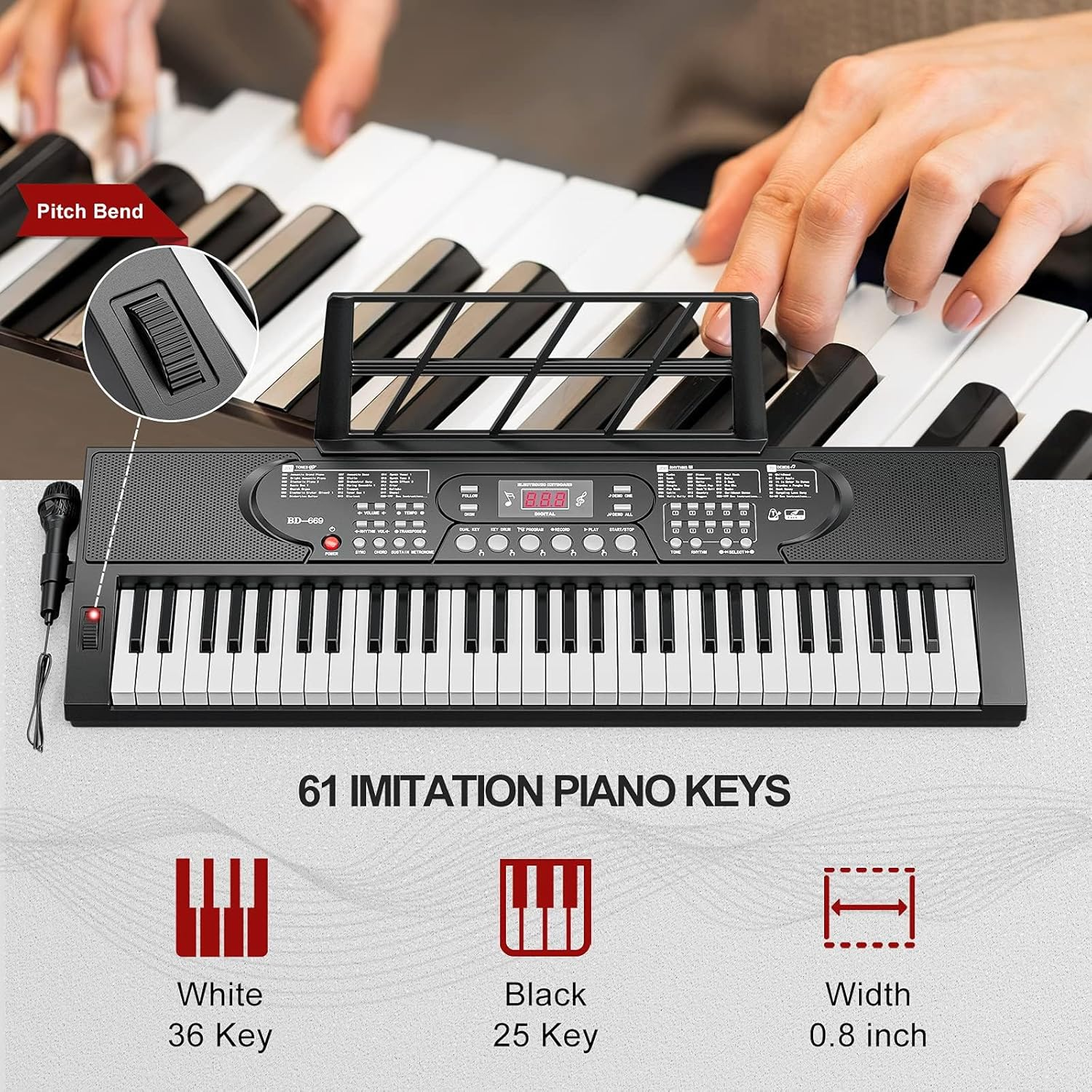 UMOMO 61 Keys Electronic Piano Keyboard with H Piano Stand, Portable Digital Keyboard with Microphone, Music Stand, Adaptor Power for Beginner, Black image number 1