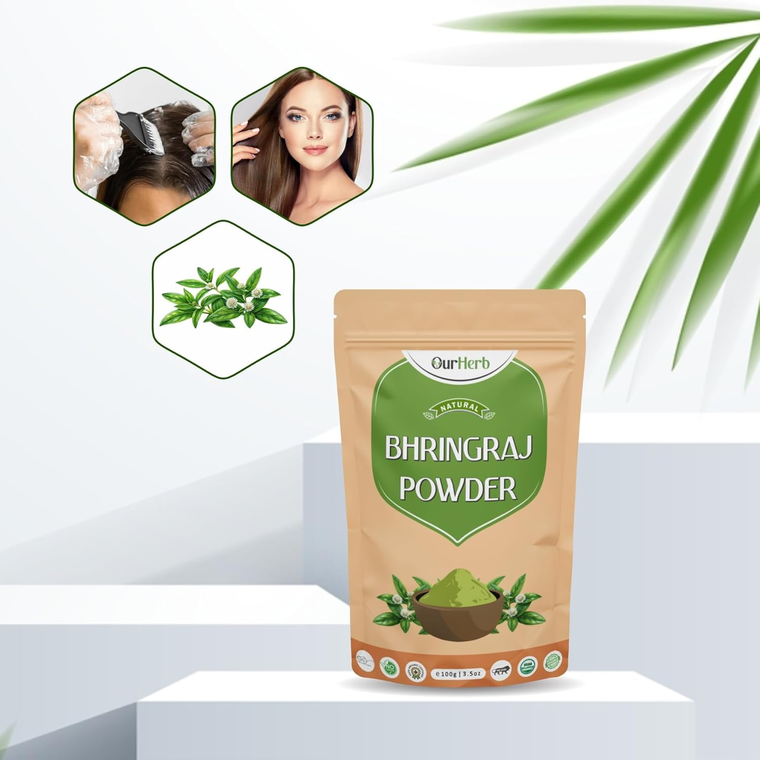 Ourherb Pure & Organic Bhringraj (Eclipta Prostrata) Powder for Natural Hair Care with Wooden Spoon - 100G | 3.5 Oz image number 4