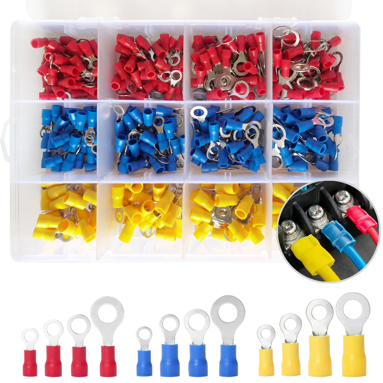 Fullfun 360Pcs 12-Sizes(M3/M4/M5/M6) Insulated Ring Terminals 22-16/16-14/12-10AWG Ring Connectors Electrical Crimp Terminal Connector Assortment Kit image number 6