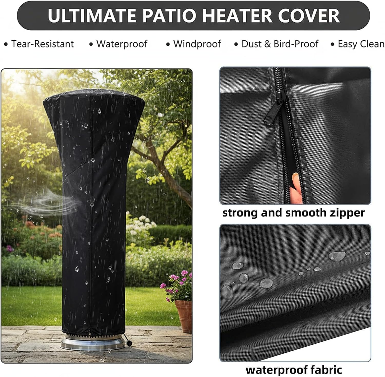Outdoor Patio Heater Cover Waterproof with Zipper &ndash; 420D Oxford Fabric, Windproof Dustproof Weather-Resistant Heater Protection Cover, Universal Size 89&rdquo;H X 33&rdquo;D X 19&rdquo;B (Black) &ndash; Damaill (Black)