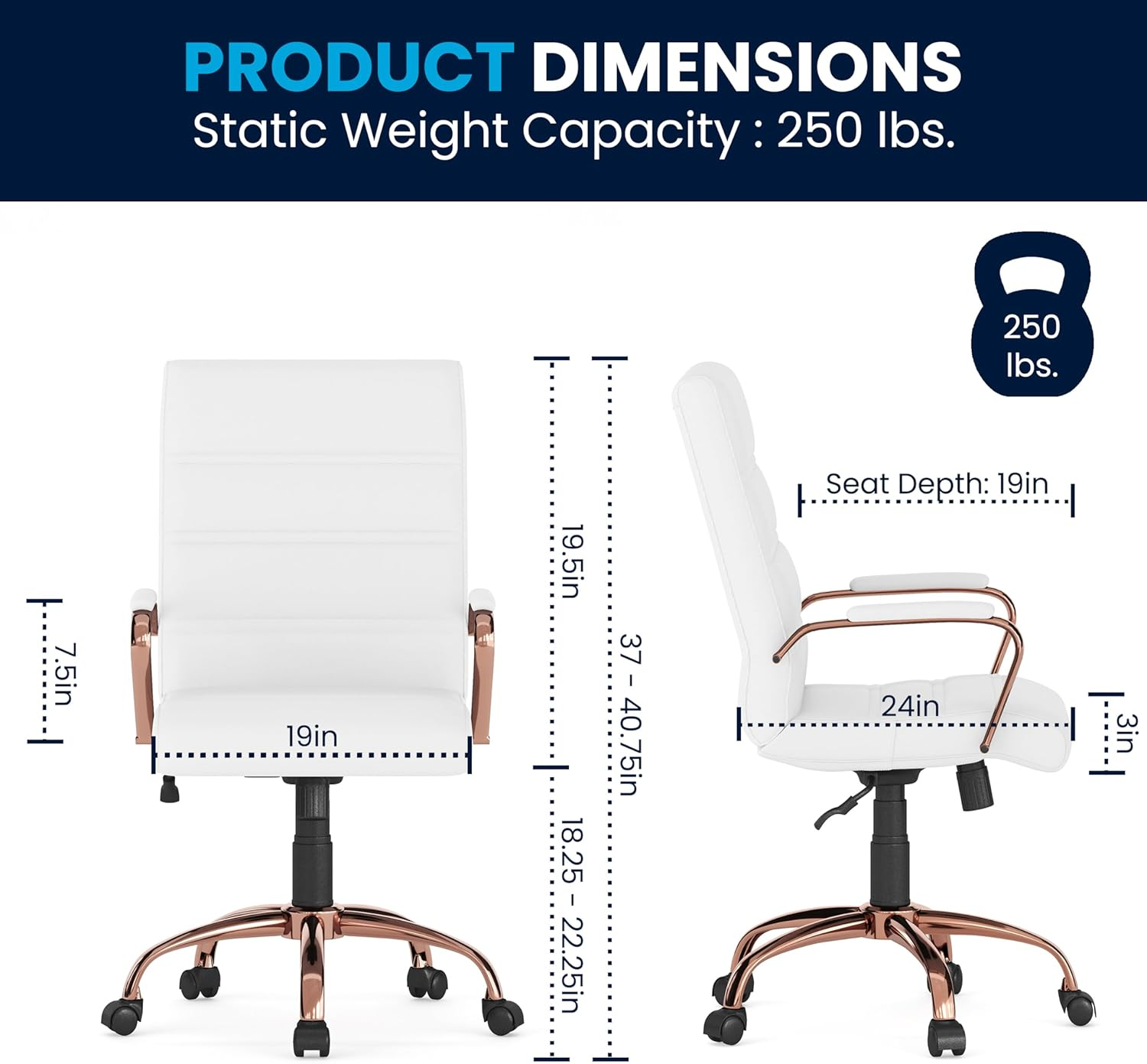 Flash Furniture Mid-Back White Leather Executive Swivel Chair with Rose Gold Frame and Arms