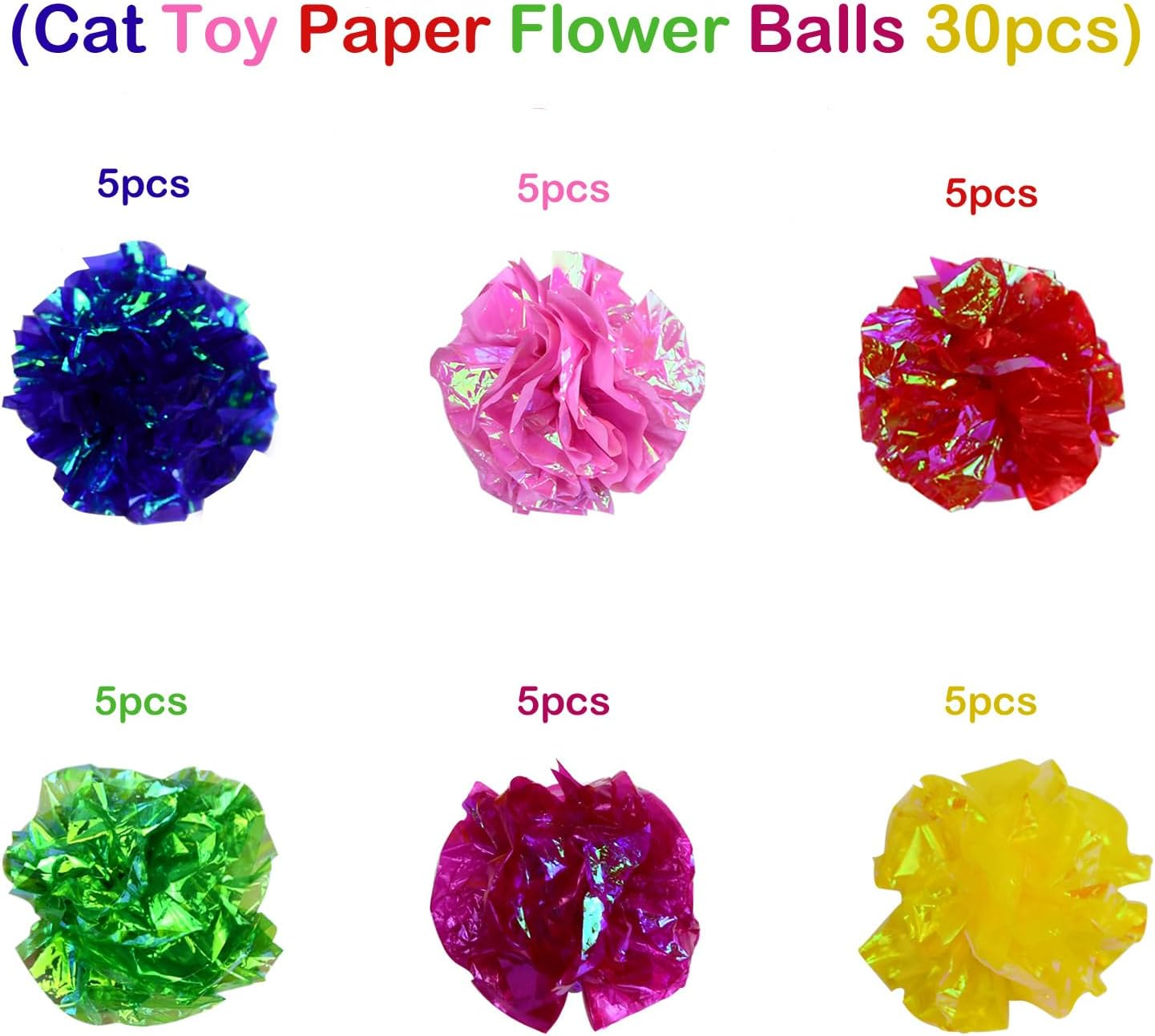 Pack of 30 Interactive Crinkle Balls Cats, Shiny Crinkle Ball Cat, Mylar Balls for Pets, Crinkle Paper Ball, Colourful Toy Cat Balls, Cat Toy Crinkle Ball