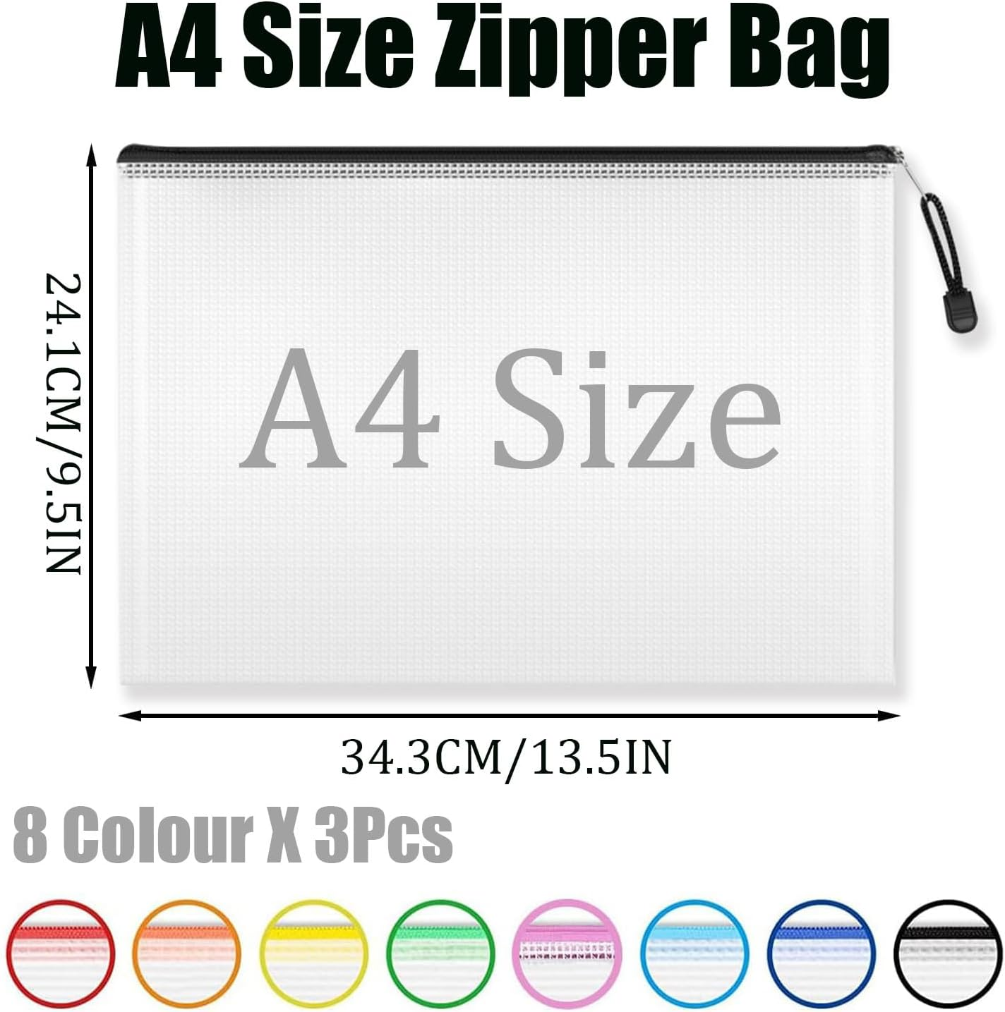 A4 Zipper File Bags, 24PCS Waterproof Plastic Mesh Zipper Pouch Document Bag, Waterproof Zip File Folders Wallets for School Office Travel Home Storage Receipts Storage image number 6