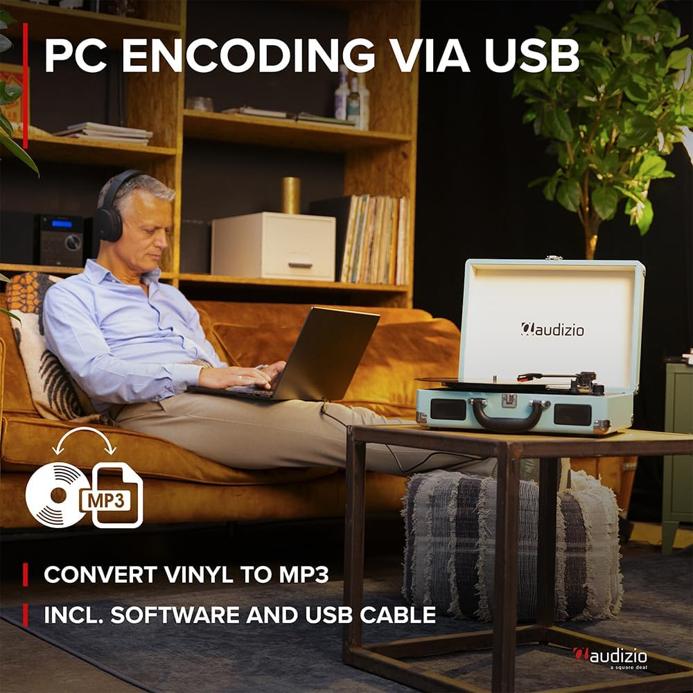 Audizio Turntable Briefcase Record Player | USB Retro Record Players for Vinyl with Speakers | 3 Speeds | Convert Retro Vinyl to Mp3 via USB | RCA Output/Aux 3.5Mm (Blue) image number 5