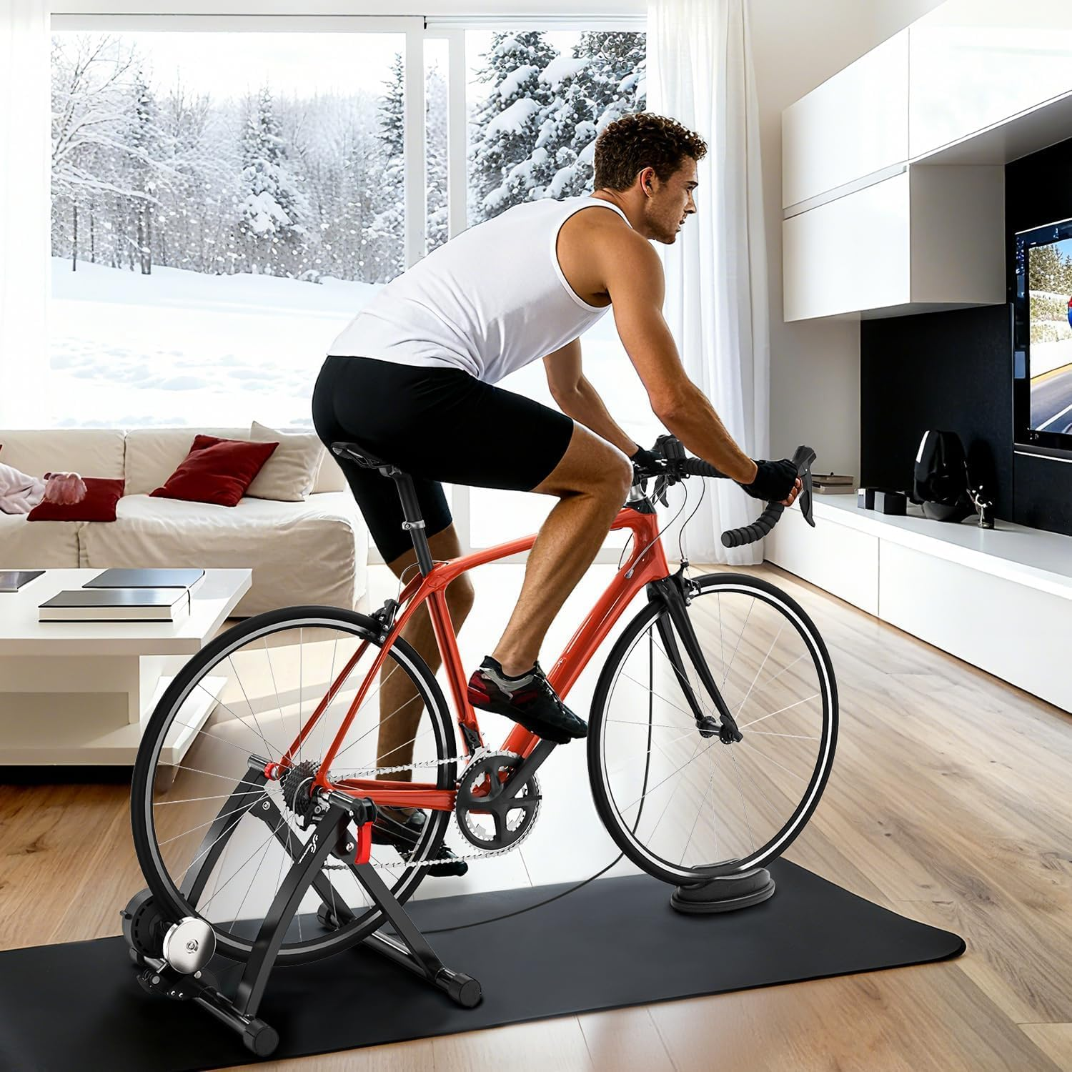 Sportneer Bike Trainer: Magnetic Stationary Bicycle Trainers for 26-28" & 700C Wheels - Adjustable 6 Level Bike Trainer Stand for Indoor Riding with Quick Release Lever & Front Wheel Riser Block image number 5