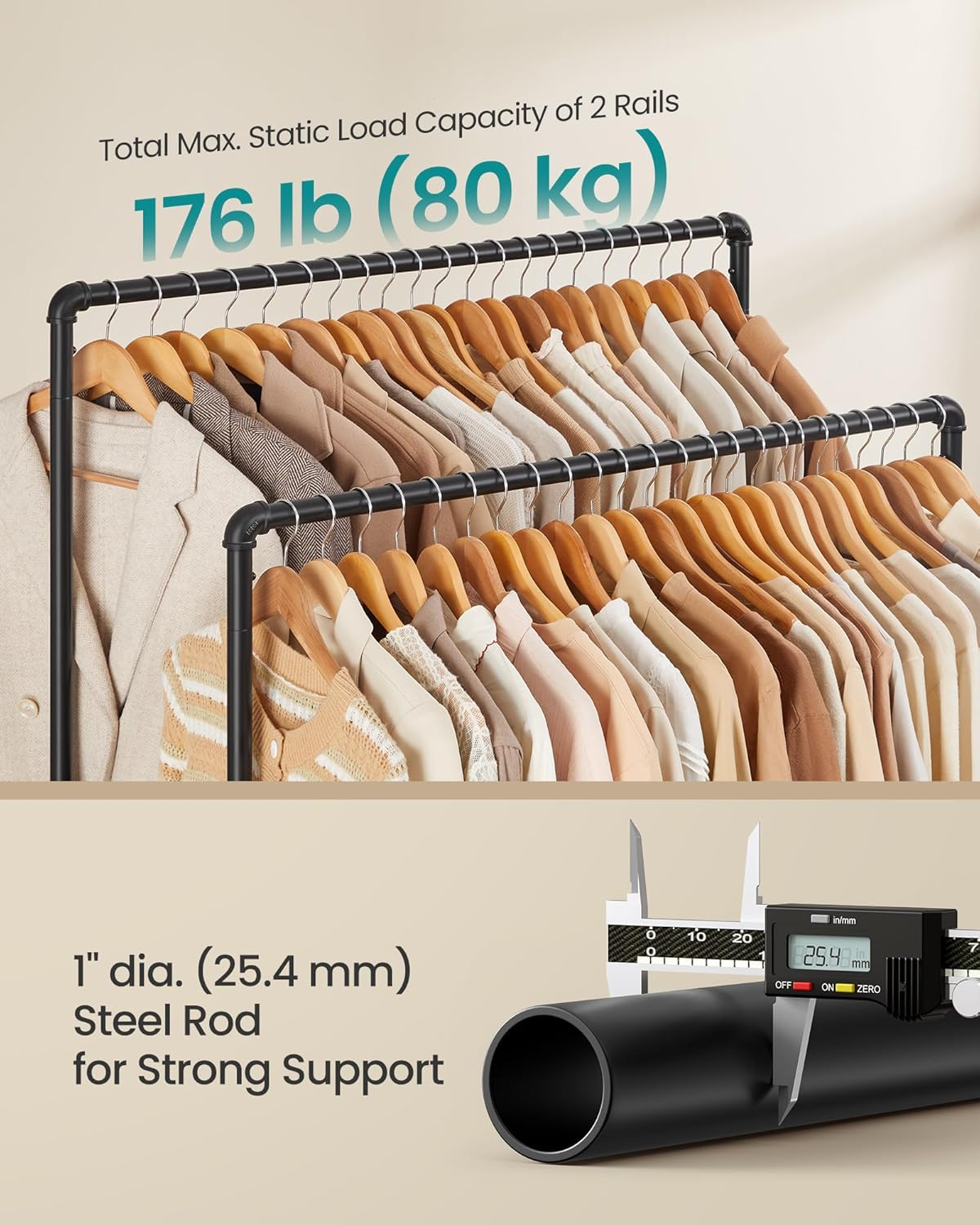 SONGMICS Heavy-Duty Clothes Rack, Double-Rod Clothing Rack for Hanging Clothes, Industrial Garment Rack on Wheels, Metal Frame, 2 Casters with Brakes, Commercial Display, Black UHSR60B image number 5