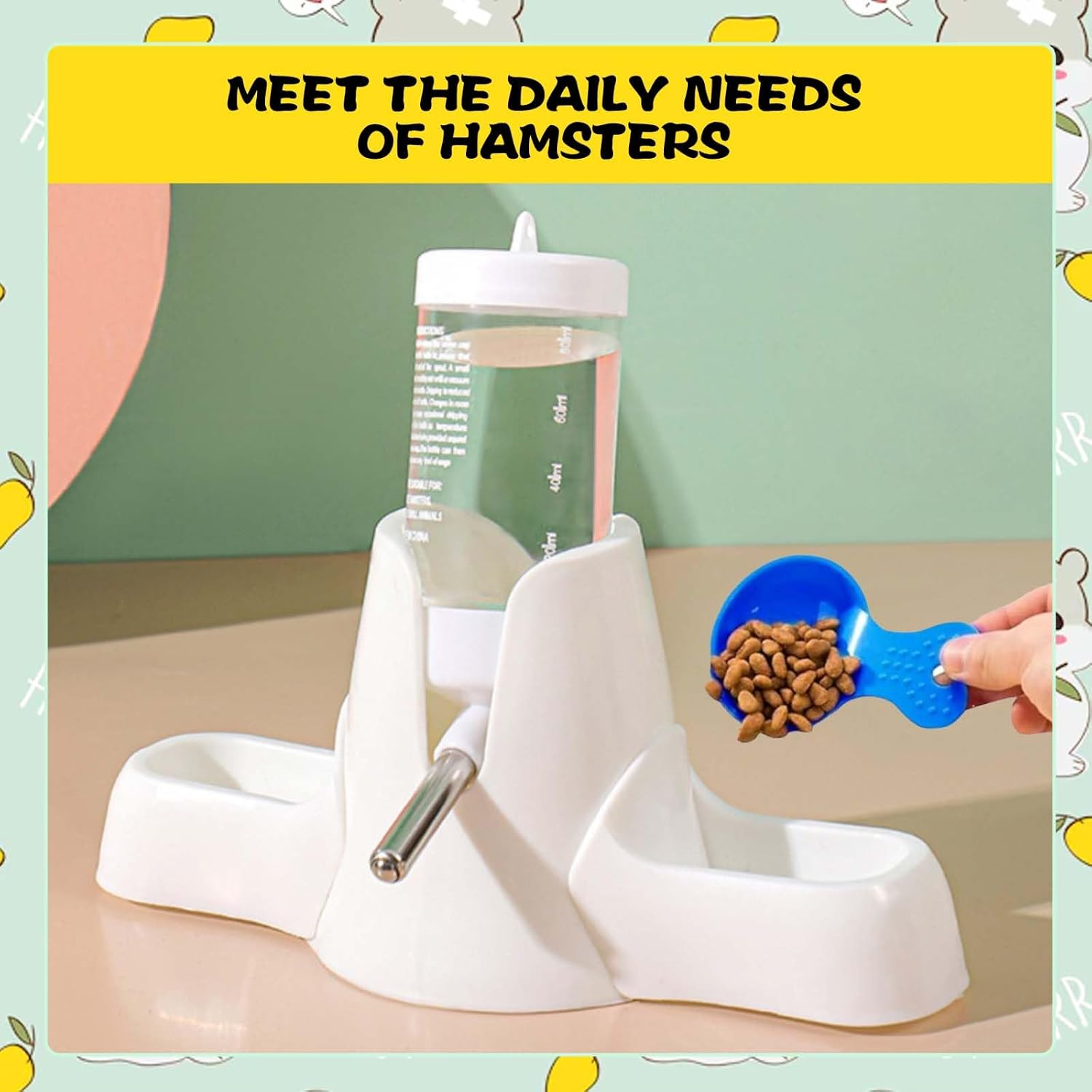 SUSOO 3-In-1 Hamster Water Bottle and Food Dispenser Set, Automatic Leak-Proof Waters Feeder for Small Animal Cage Accessories, Stand Water Bottle Holder for Hamsters, Rats, Guinea Pigs,Rabbits (80Ml) image number 4