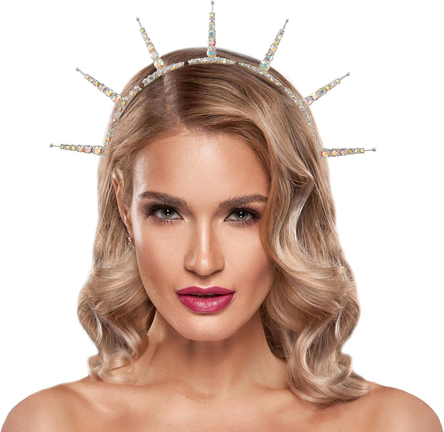 Partyforu Halo Crown Headband Rhinestone for Women, Sparkling Crystal Goddess Crown Headpiece for Wedding Photo Shoots, Crystal Halo Hair Band Tiara for Renfaire Cosplay