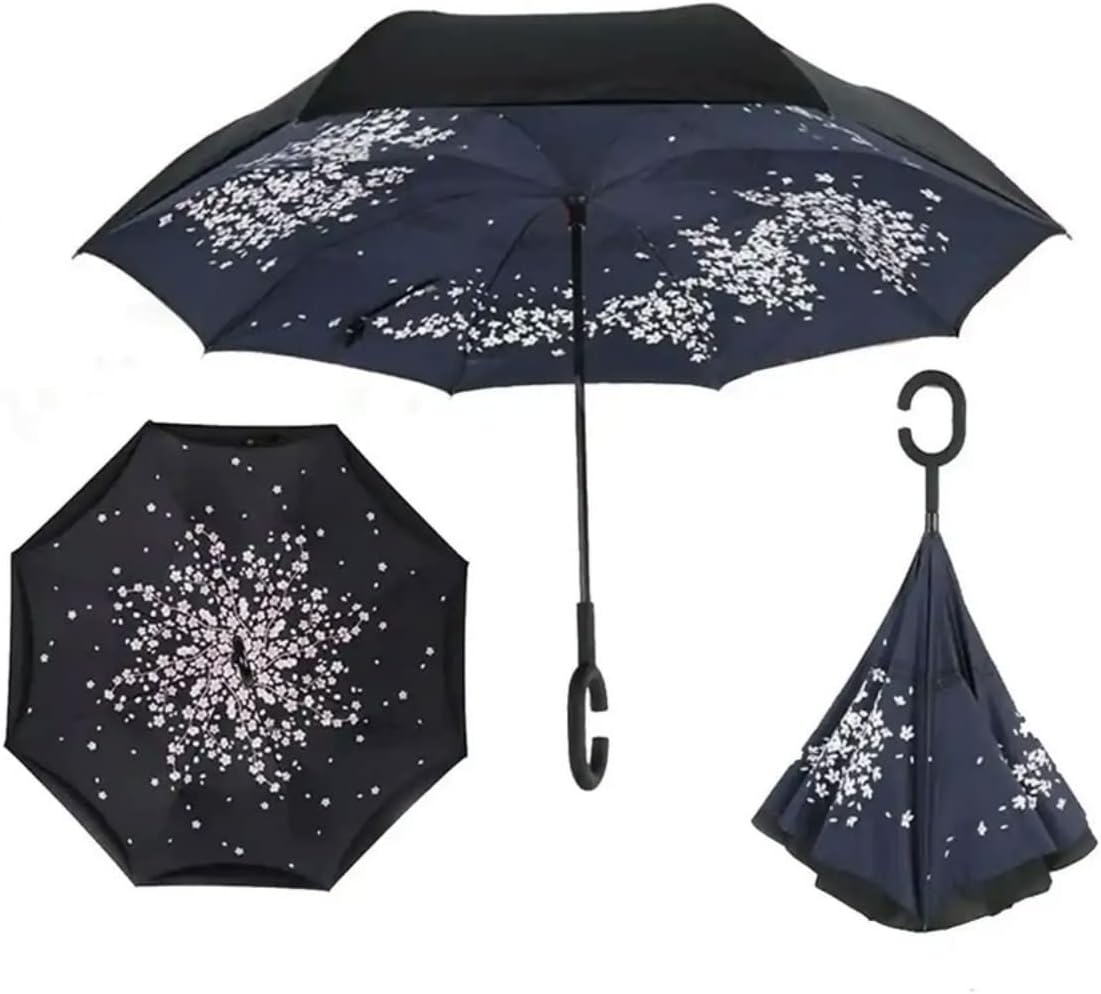 Costume Bay Double Layer Reversible Golf Umbrella | Inverted Blunt Umbrella for Men and Women |UV Protection Umbrella Windproof with C-Shaped Handle - Rain Umbrellas Outdoor - Black image number 2