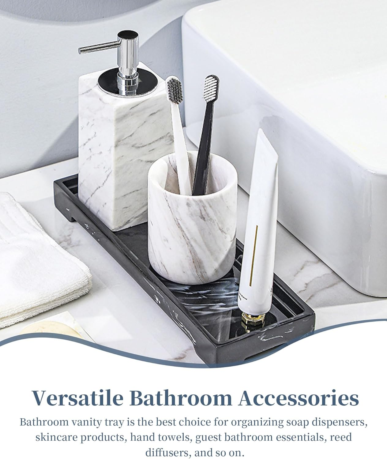 Marble Resin Bathroom Vanity Tray 11.22X 4.13 Inch Rectangle Black Organizer Tray for Soap Dispenser, Perfume, Jewelry, Toilet Tank & Kitchen Sink Storage Tray image number 3