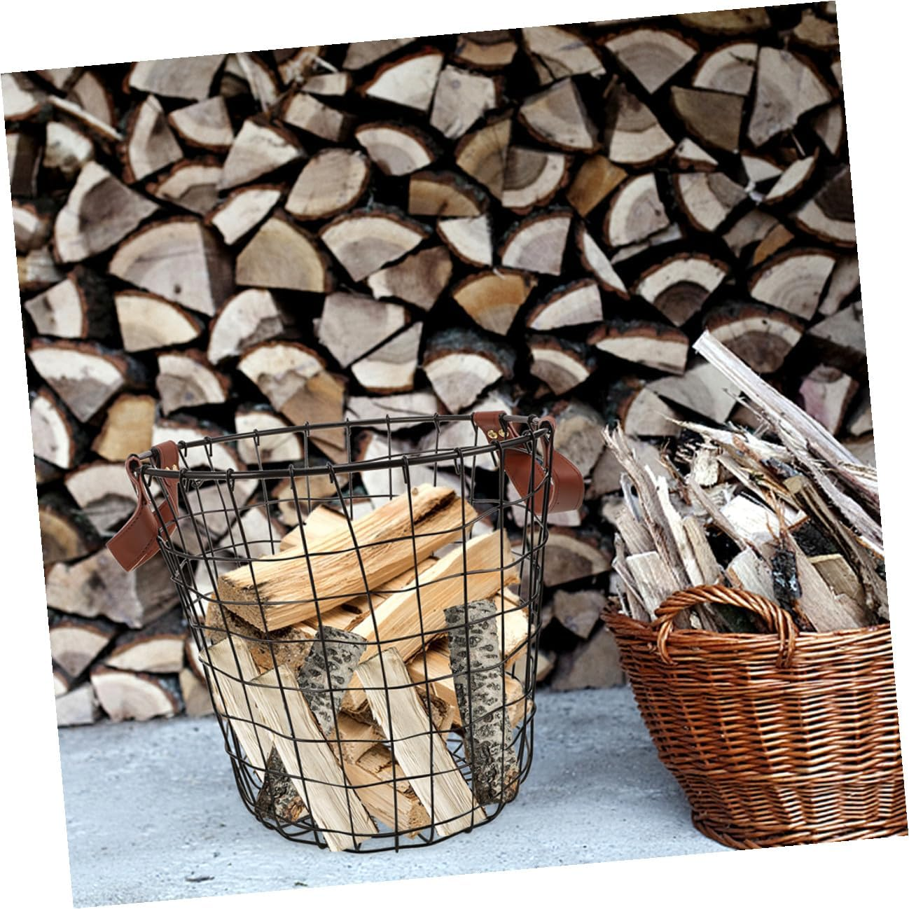 2Pcs Metal Firewood Storage Basket Outdoor round Iron Firewood Holder Rustic Log Carrier for Camping and Home Fireplace Storage image number 4
