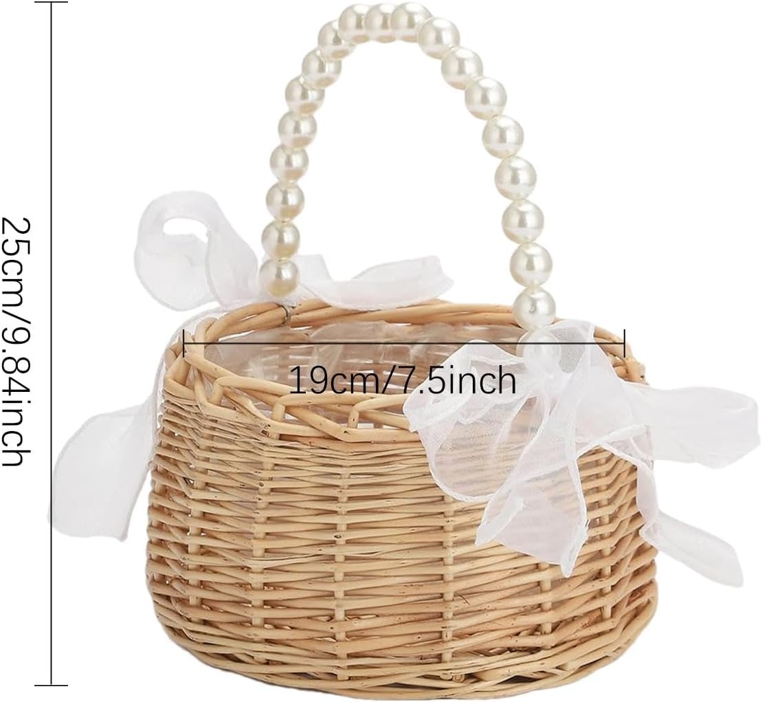 Wicker Flower Basket,Pearl Handle Bow Ribbon Wedding Petal Basket | Fairy Handwoven Easter Rattan Basket for Wedding Petal, Home Decor, Toys Sundries - L image number 2