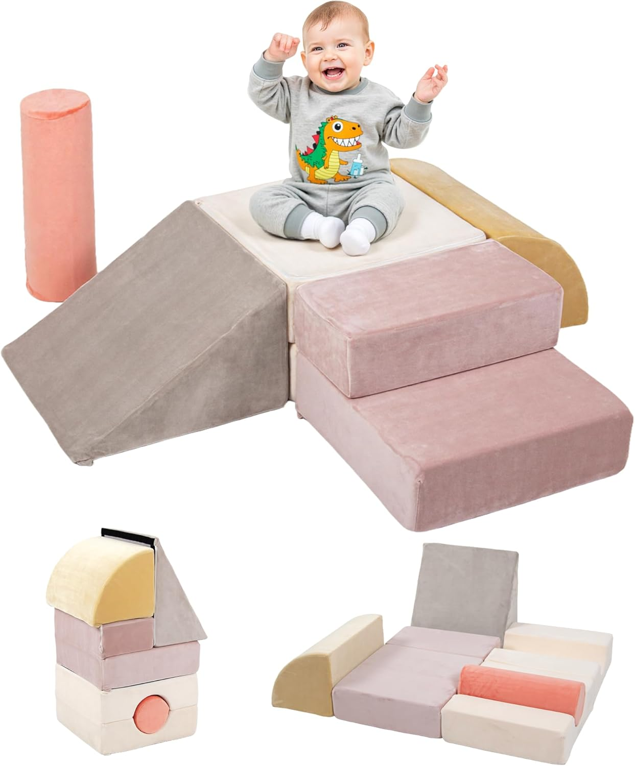 Banasuper 5-Piece Climbing Toys for Toddlers, Kids Foam Blocks Playset with Cylinder, Foldable Design, Toddler Indoor Soft Play Gym Activity Play Set for Crawling and Active Play (Pink & Yellow)