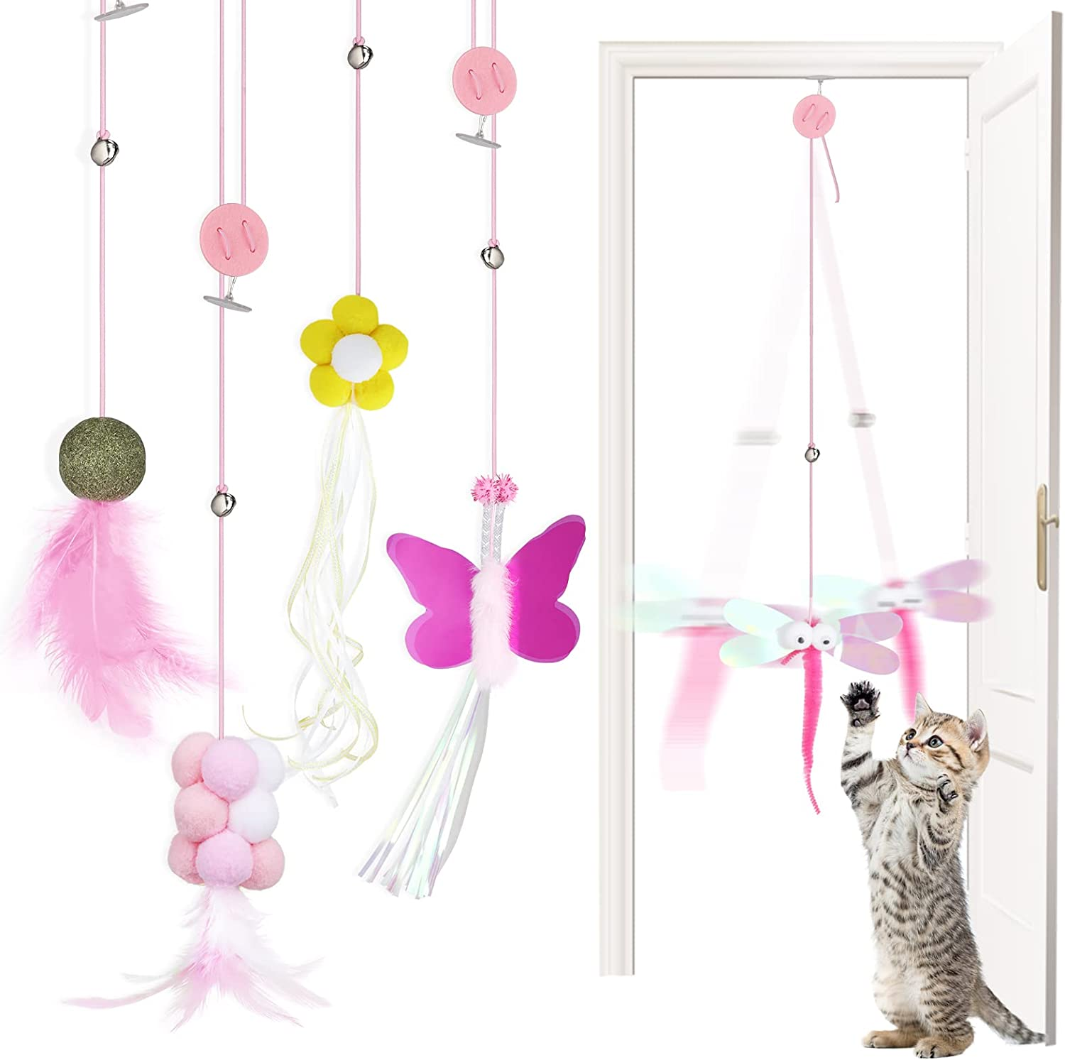 Geeric 5 Pack Interactive Cat Feather Toys, Over-The-Door Cat Toys Retractable Cat Teaser Toy Hanging Interactive Cat Toys for Indoor Cats Kitten Play Chase Exercise Interactive Elastic Rope Cat Teasers image number 1