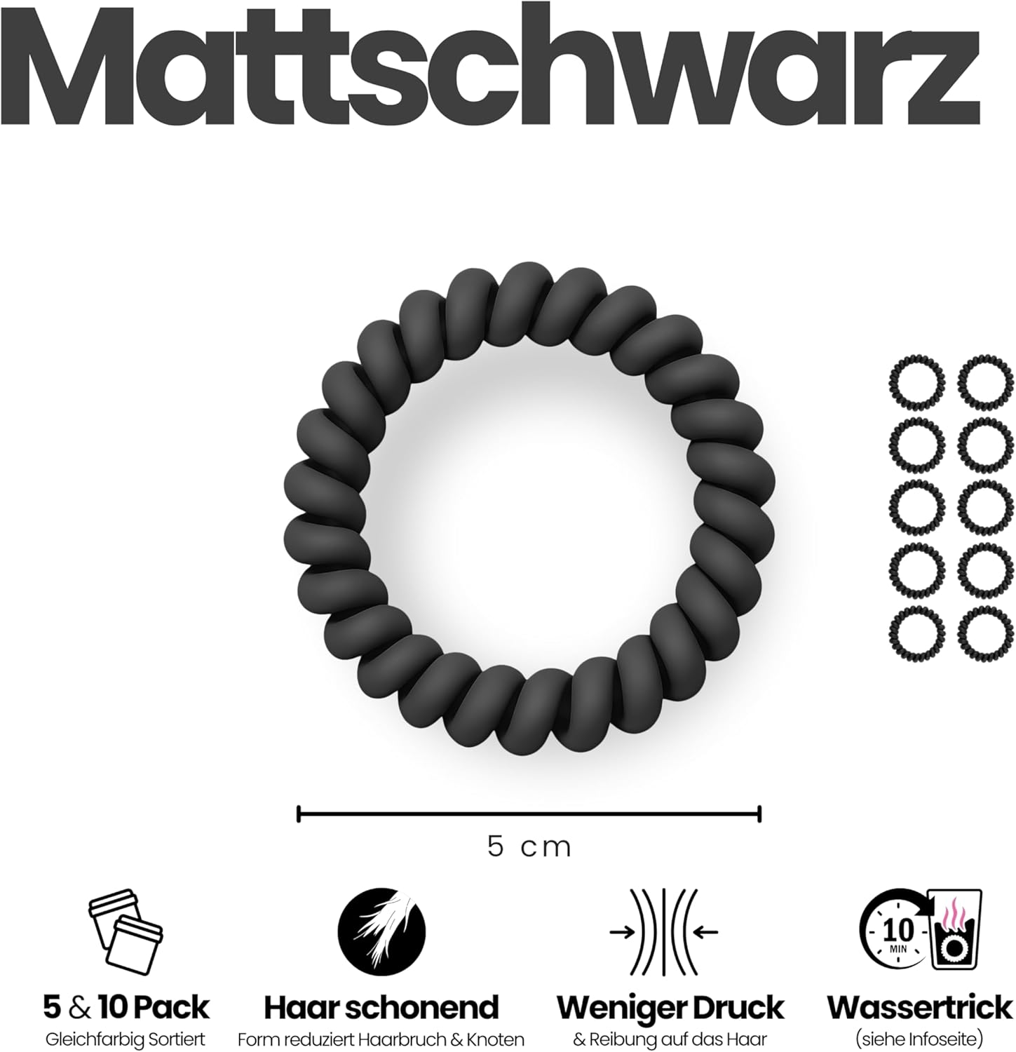 Specora - Spiral Hair Scrunchies Pack of 10-5 Cm TPU Matte Black image number 3