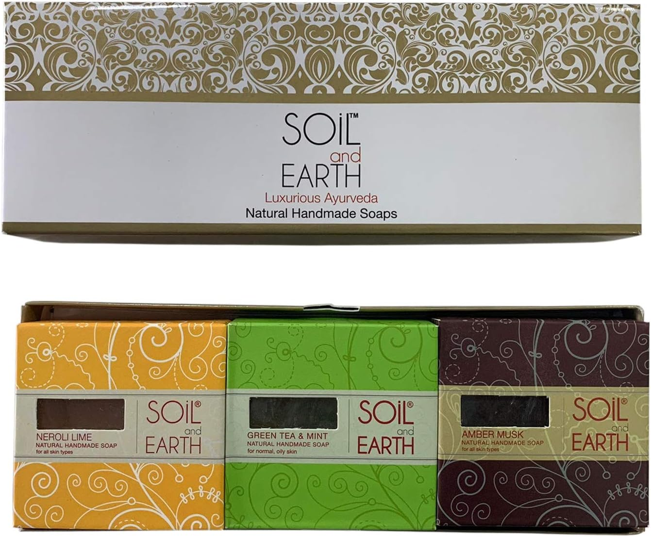 Soil and Earth Soap Gift Box- Neroli, Amber, Green Tea- NO SILICONES & PARABENS, 125 Gms (Pack of 3)_3 X 125 Gm/4.4 Oz. image number 2