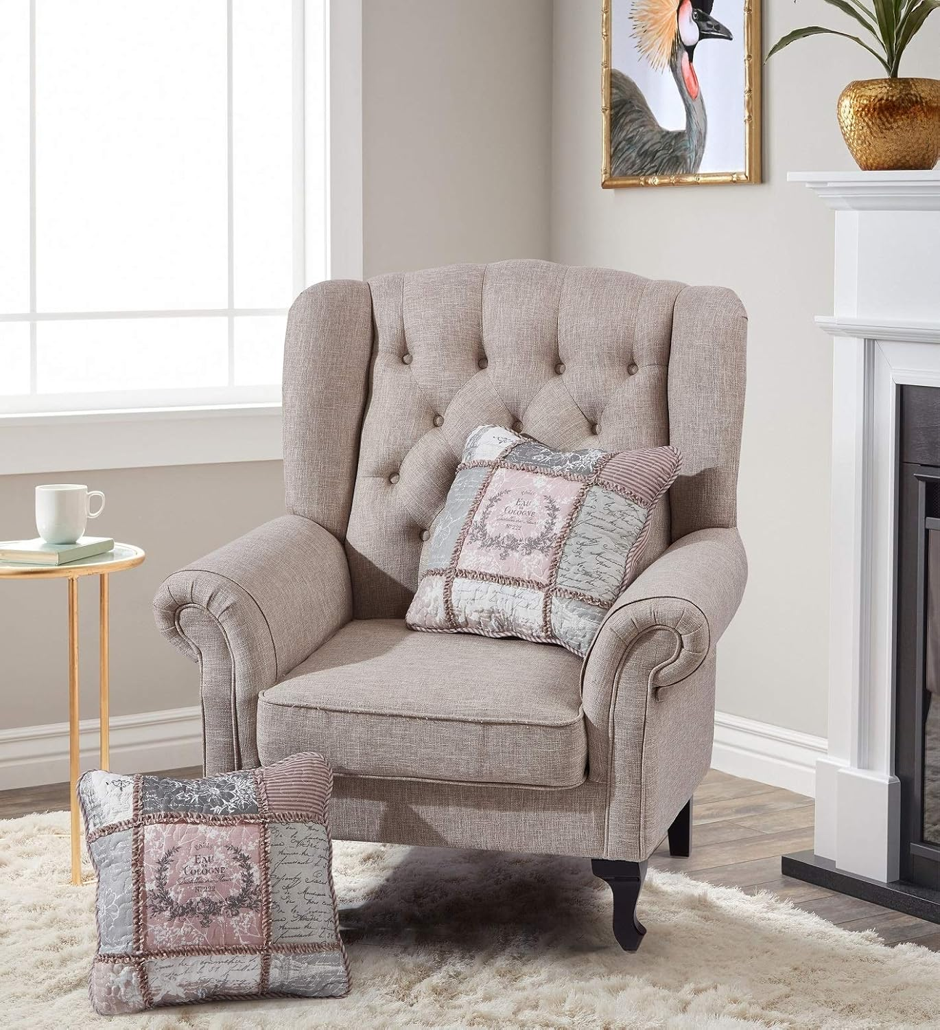 Brilliant Sunshine Latte Grey Paris and Toile Floral Patchwork Ruffle Pillowshams, Quilted Decorative Pillow Covers Set, Square Throw Cushion Cases for Couch, Chair, Bed, 18X18,Pack of 2, Latte Grey image number 3