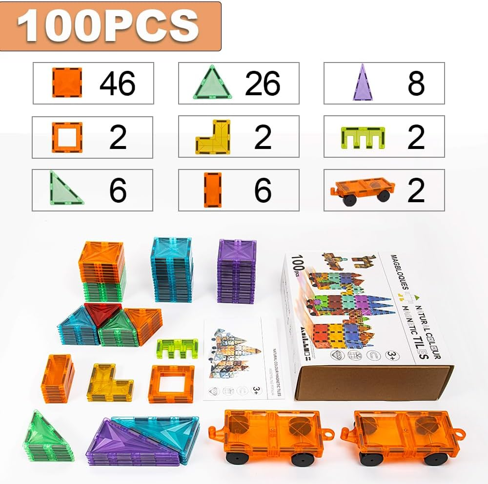 100Pcs Magnetic Tiles for Kids 3+ Year Old,Montessori Toys for Boys & Girls,Magnetic Building Blocks Sets,Stem,Building & Construction,Educational,Safe Creativity image number 2