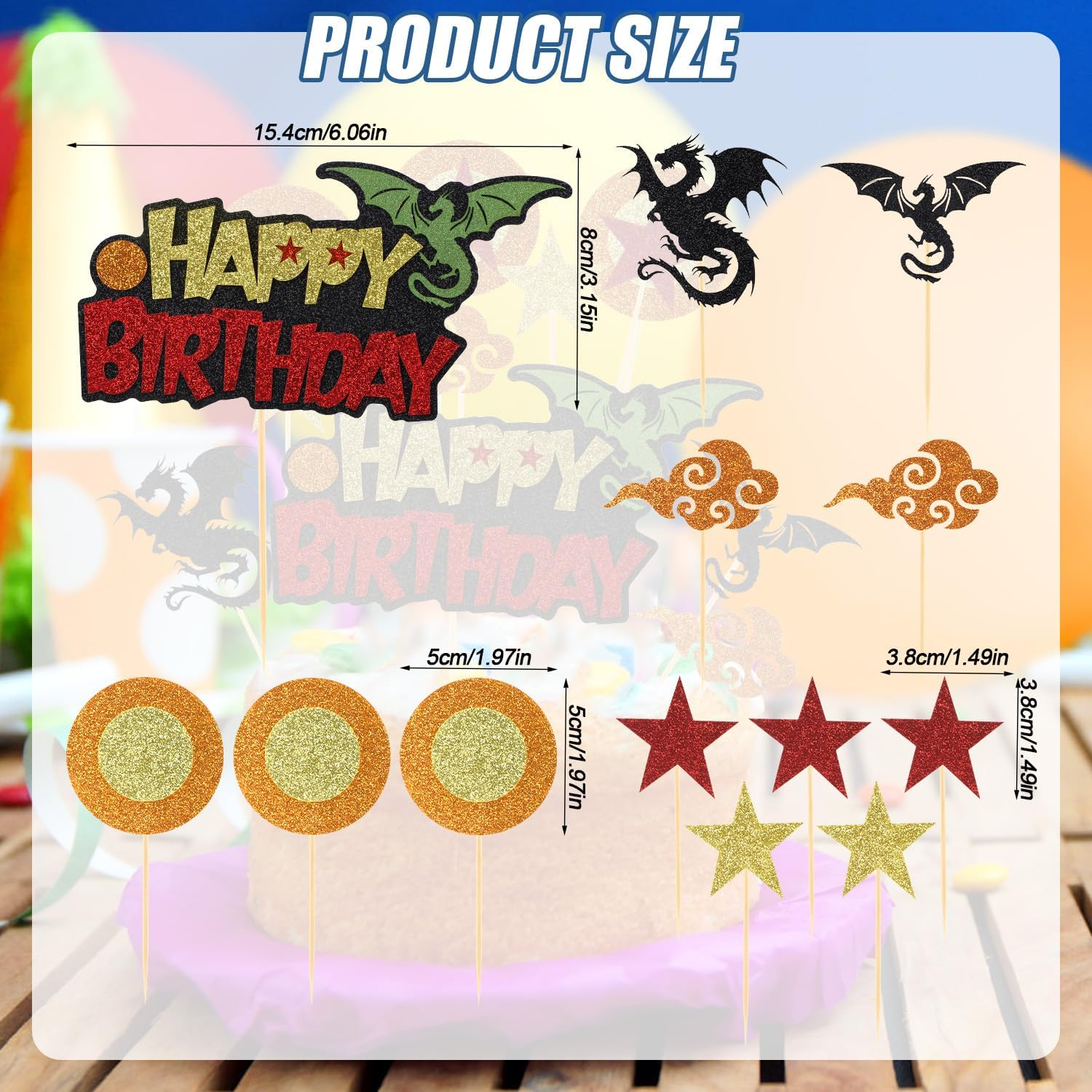 1Pc Cartoon Happy Birthday Cake Topper + 12Pcs Cupcake Toppers, Glitter Cake Topper Decorations Dragon Stars Circle Anime Cartoon Cupcake Picks for Themed Birthday Party Supplies Boys Girls image number 2