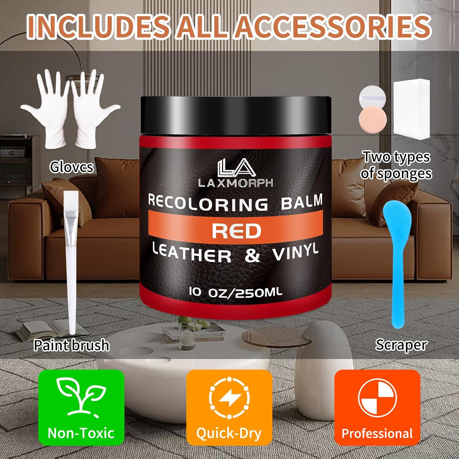 Laxmorph Leather Repair Kit Red, 250 Ml Liquid Leather Care for Leather Couch, Leather Paint, Faux Leather Repair Kit for Repairing Sofas, Vinyl Furniture, Car Seat, Saddle for Fading and Scratches image number 2