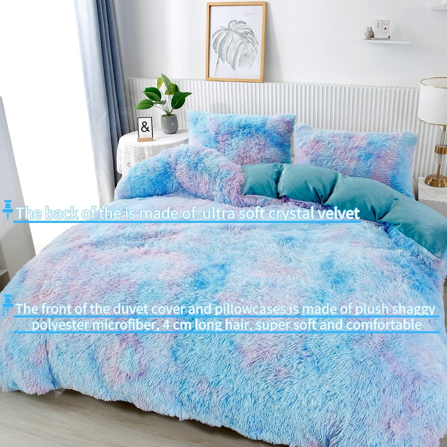 RYNGHIPY Super Soft Fuzzy Faux Fur Duvet Cover Set, Twin Bedding Sets for Girls, Blue Tie Dye Plush & Velvet Flannel Comforter Cover with 2 Pillowcases (Colorful Blue,Twin) image number 2
