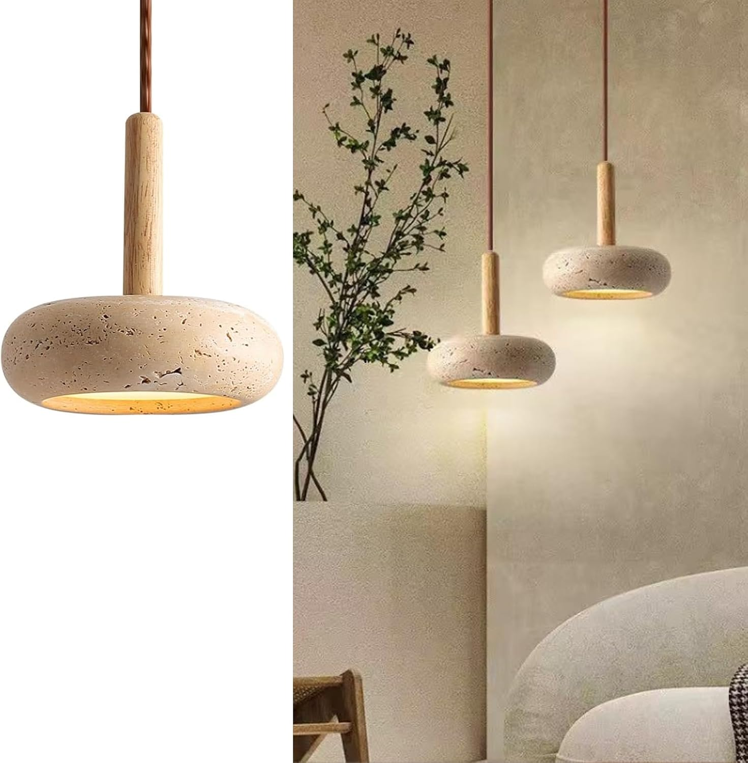 Natural Stone Pendant Light &ndash;Adjustable Hanging Light for Kitchen Island Dining Room Living Room, French Travertine Ceiling Light Fixture with LED, Modern Minimalist Design (B,M)